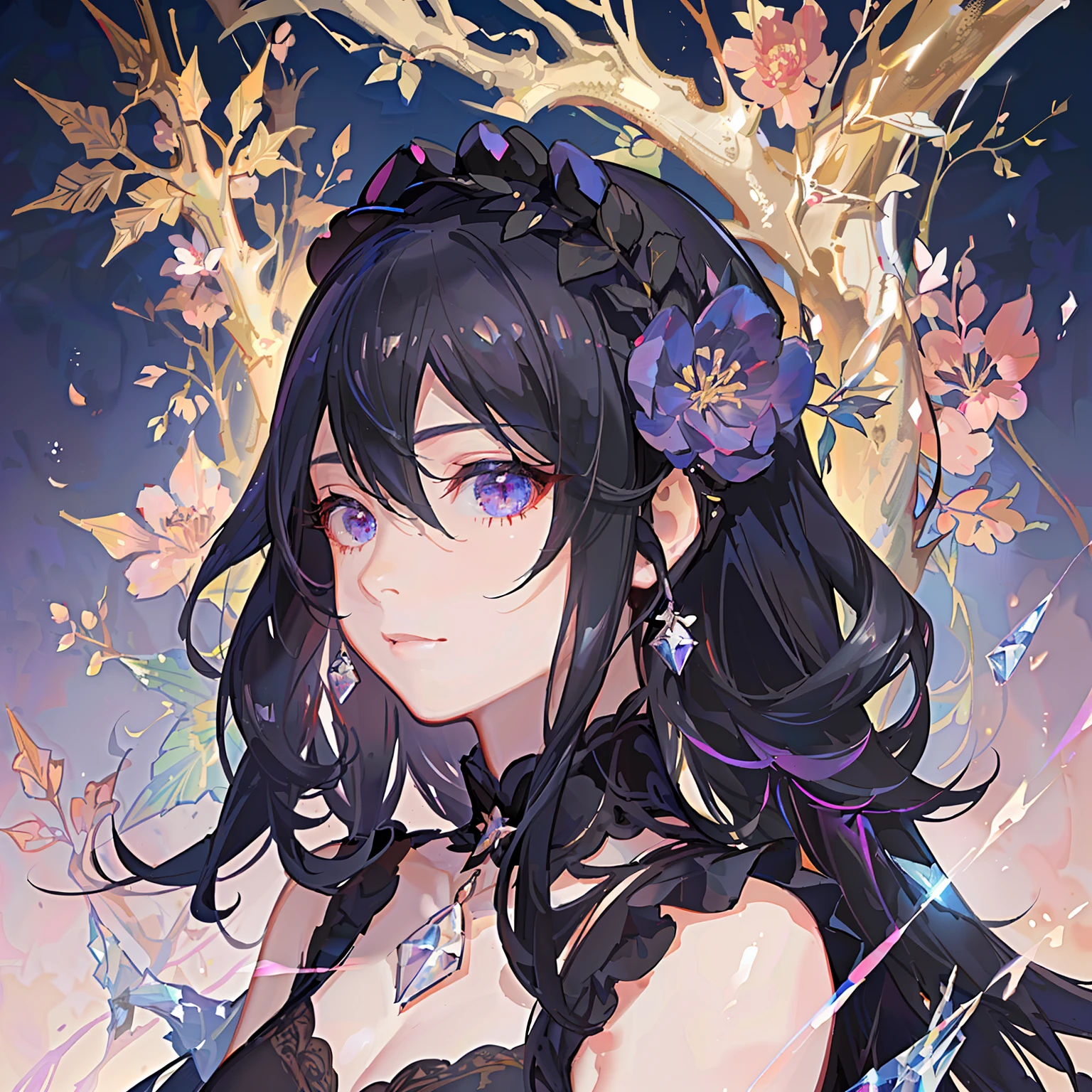 macro, anime style, a glorious void-infused black peony, frozen, frost coating, beads of condensation, crystal and sparks in the air, gilded, backdrop volumetric void-light, sublime, delicate, beautiful, intricate details, highly detailed, high-res, vivid color grading, composite lighting, dynamic composition, well drawn, crisp, sharp focus, glamour shot, realistic