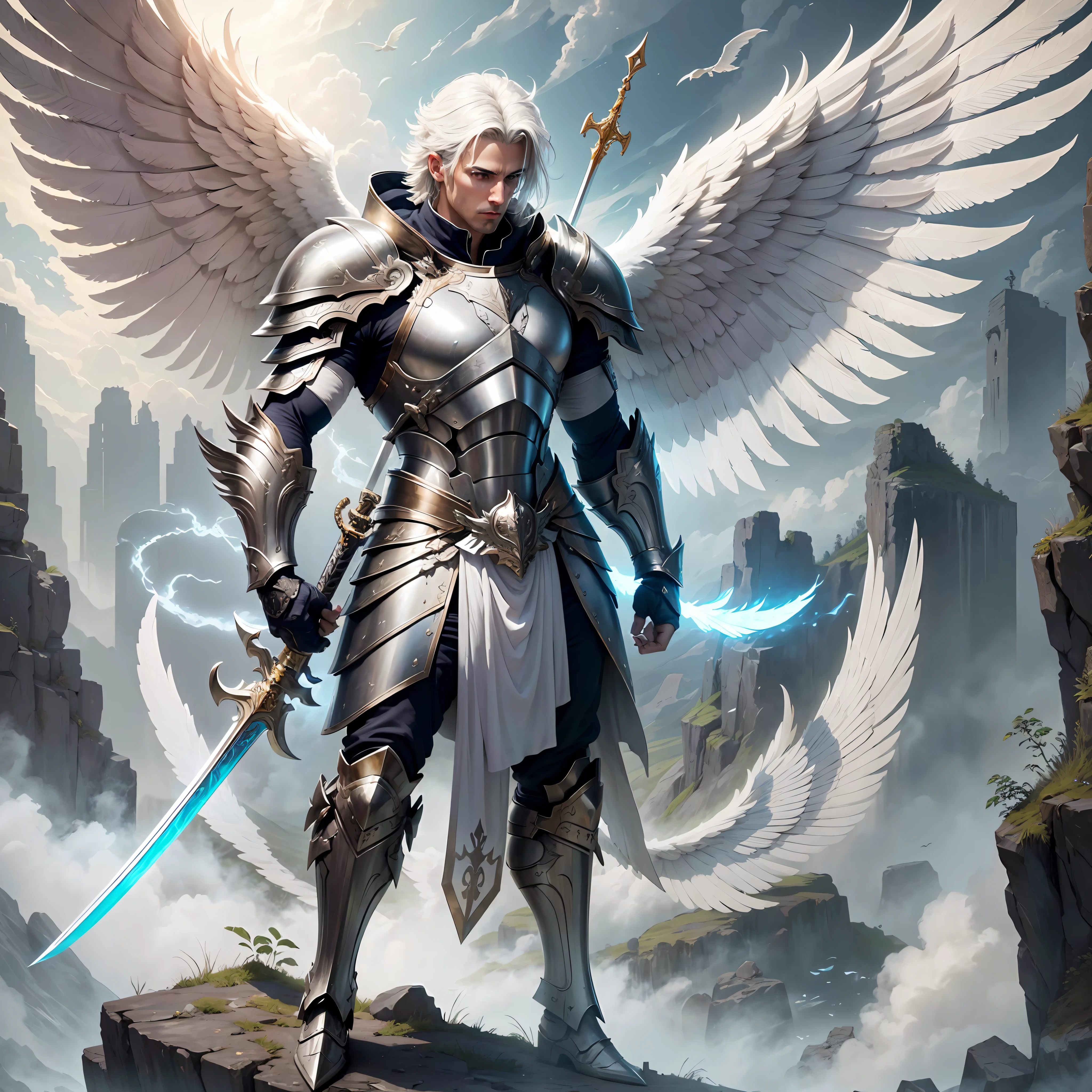 a male warrior angel holding a sword, white armor, wings, majestic, cinematic, ultra realistic, highly detailed environment --auto --s2