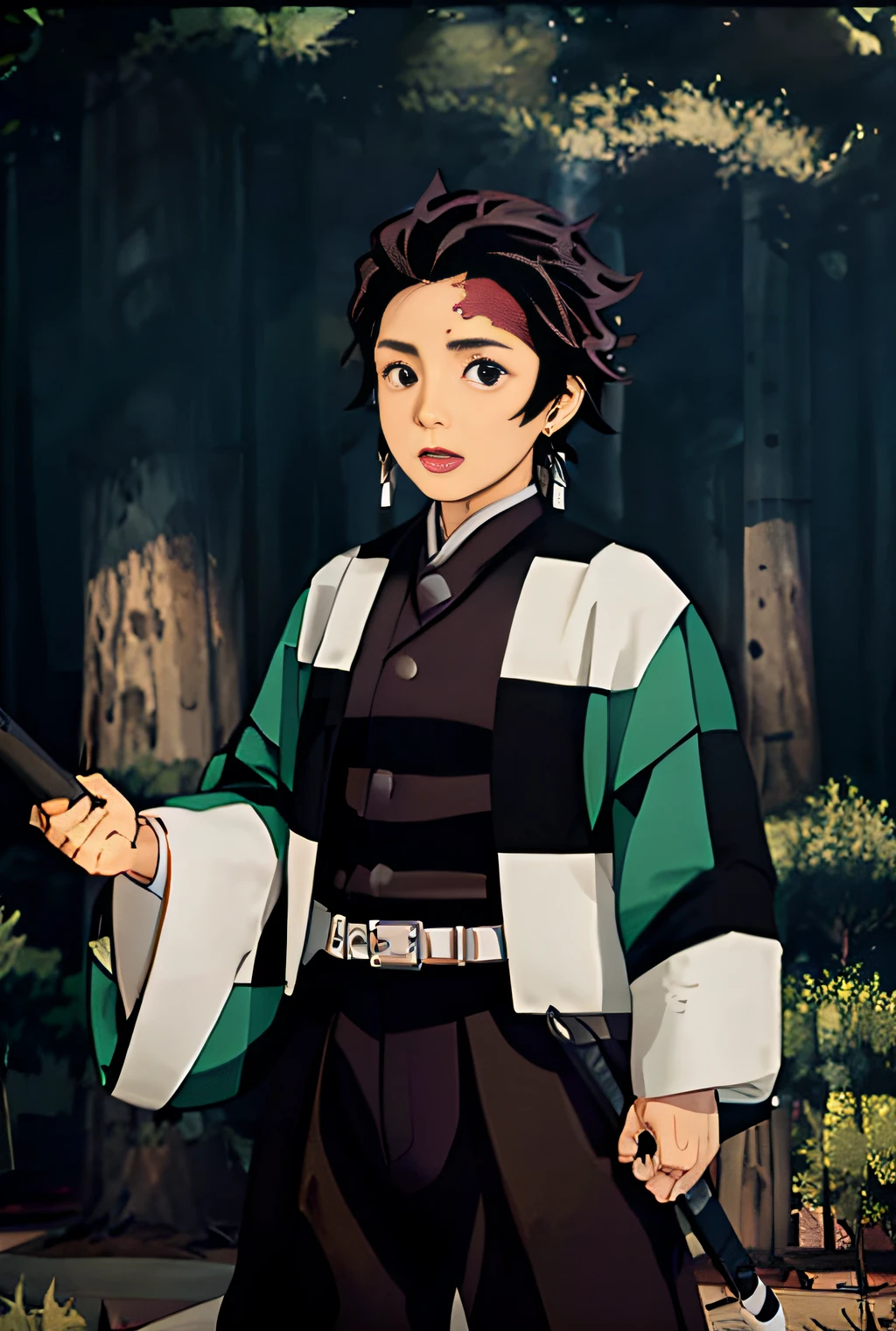 Dim light, extremely detailed face, dim lighting, extremely detailed CG, Tanjiro, Ghost Slayer uniform, 1boy, male focus, scars on face, weapons, scars, earrings, scars on forehead, brown hair, belt, black pants, Japanese clothing, haori, green haori, solo, red eyes, long sleeves, anime coloring, ((masterpiece)), front, holding a Japanese sword, fierce expression, flame on the knife, perfect face, super handsome face, breath of water, breath of day,