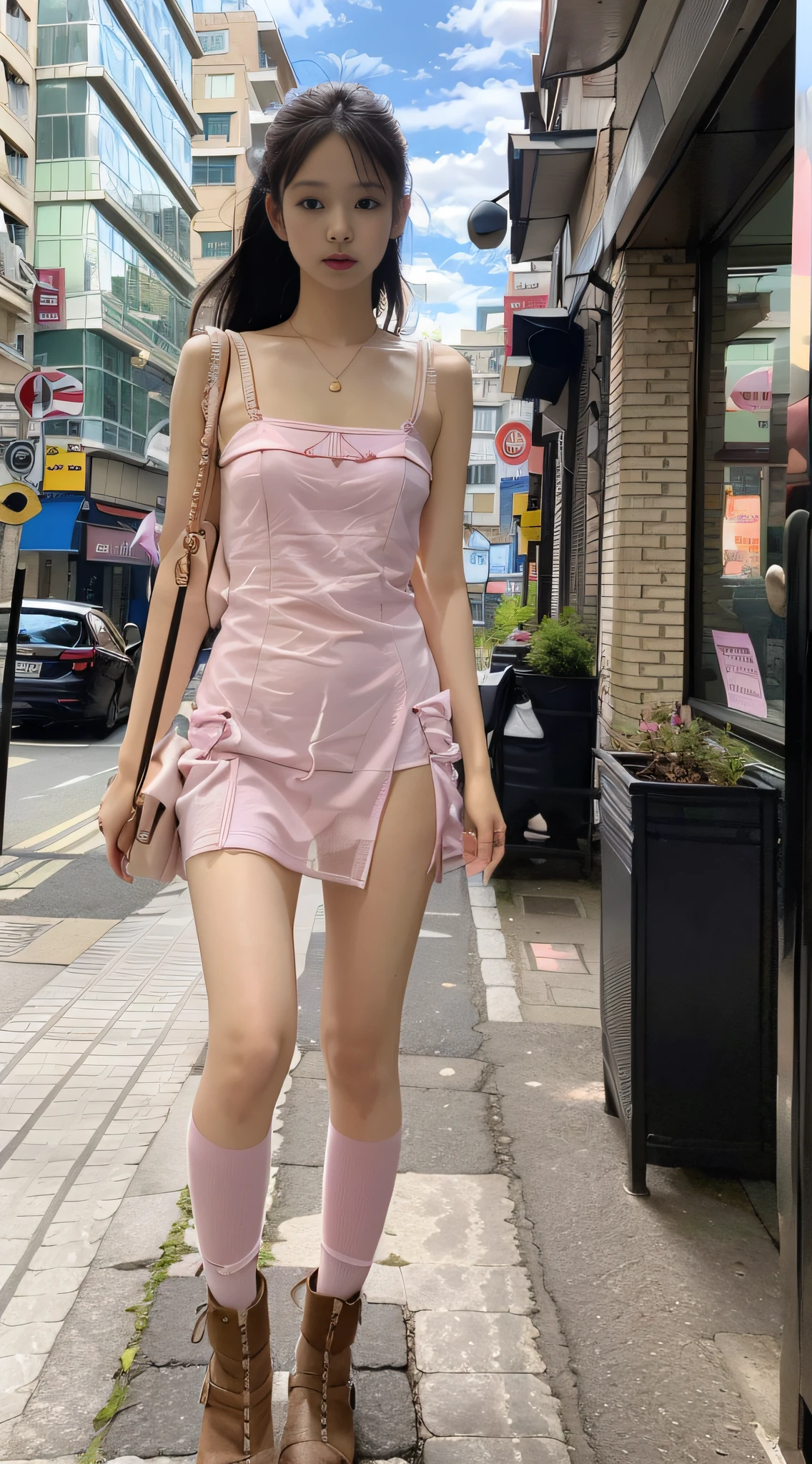 (1girl:1.3), Solo,_Kim Ji-ni Jennie Face, Wearing Pink Dress, Sexy, Cute ,, Cafe Background, Full Body Photo,, Looking at the Audience, World-weary Face, Indifferent Eyes, Korean Style Photo Photo, Photographic Lighting, Strong Contrast, Sunlight on Face, World-Misanthropic Face, Premium Sense, 8K Resolution Image, Intricate Symmetry Details. Smooth action, full picture.