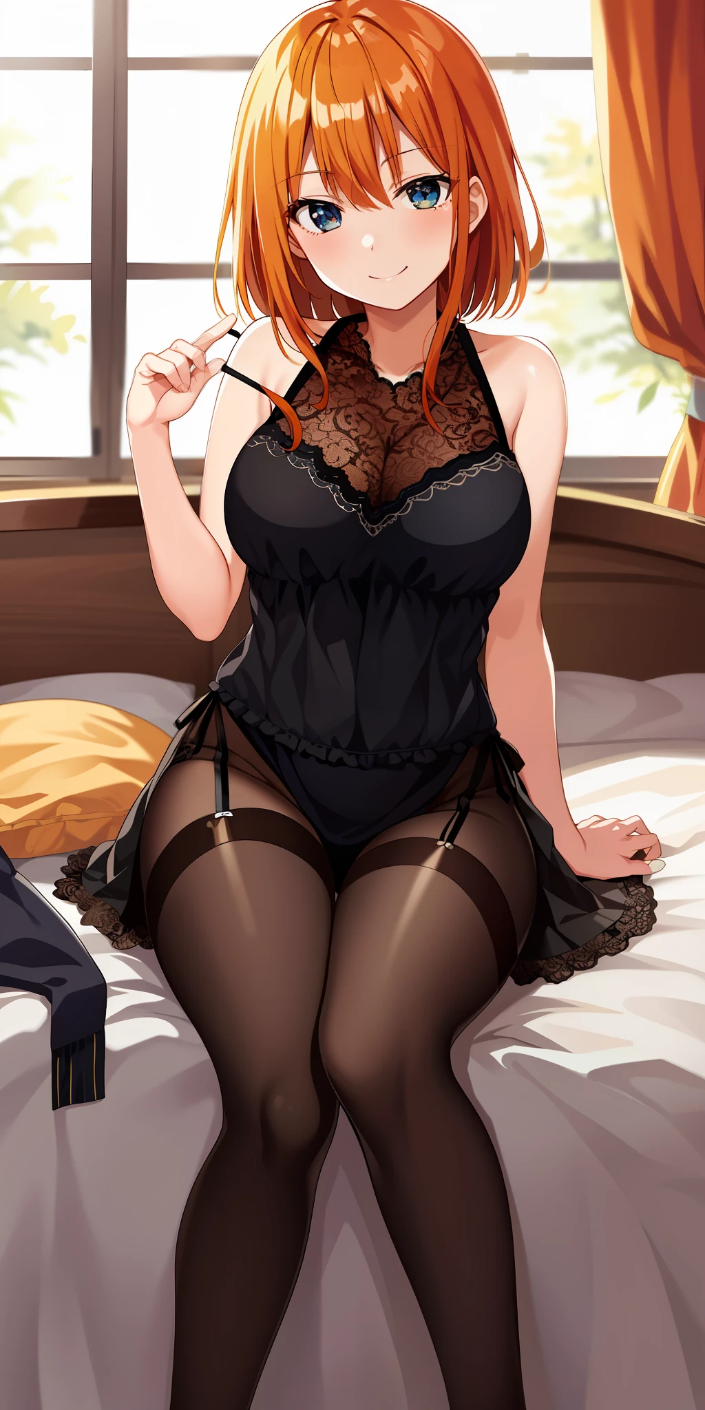 2d, masterpiece, best quality, anime, highly detailed, 1girl, solo, cowboy shot, nakano yotsuba, orange hair, night dress,  medium breasts, sitting, bedroom, indoor, smile, sexy pose, bed, pillow, window, , lace lingerie, stocking,