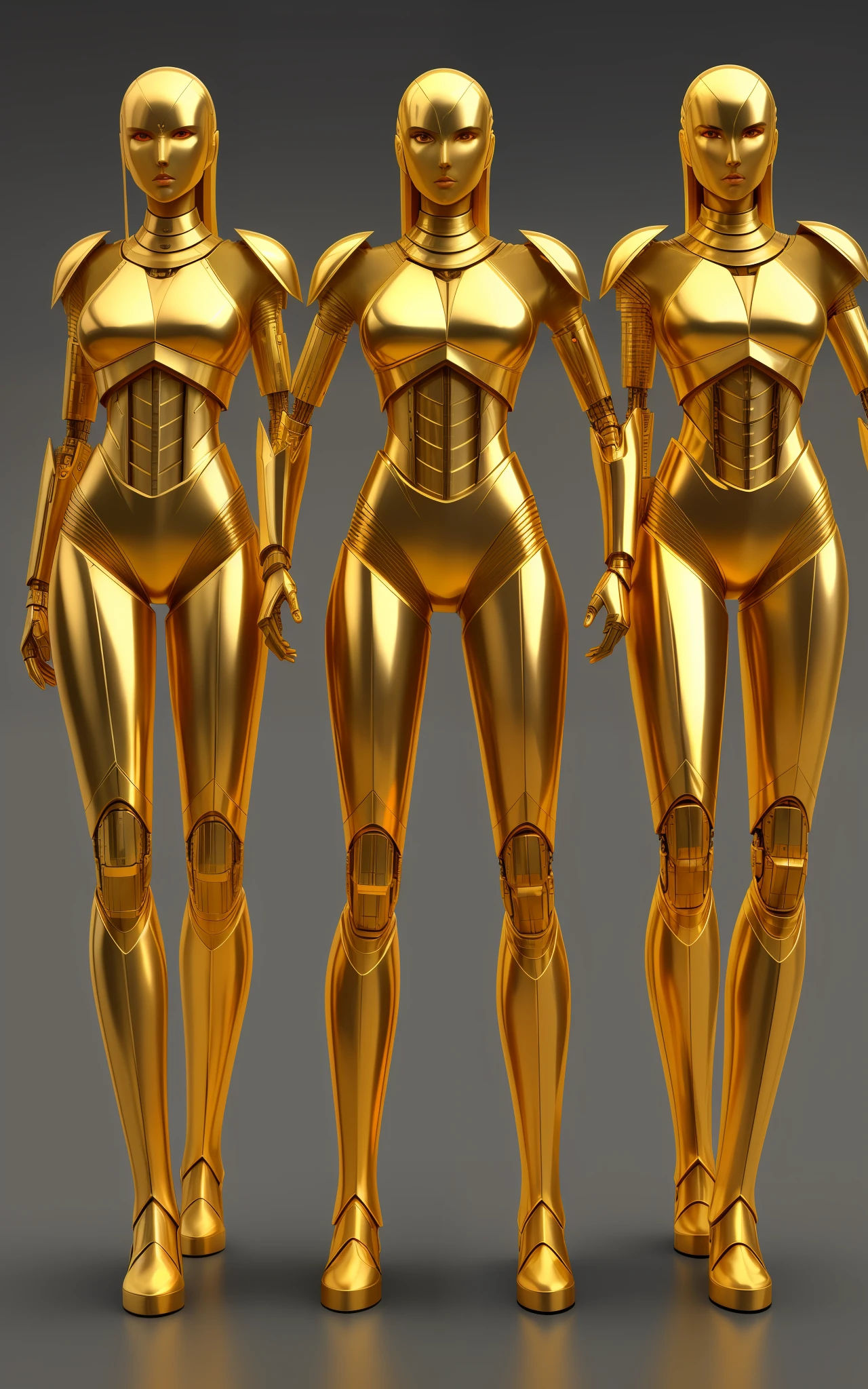 Three-headed woman, super realistic, futuristic, half cyborg, long arms, handsome body, golden steel armor, zodiac knight style, three heads, four arms,