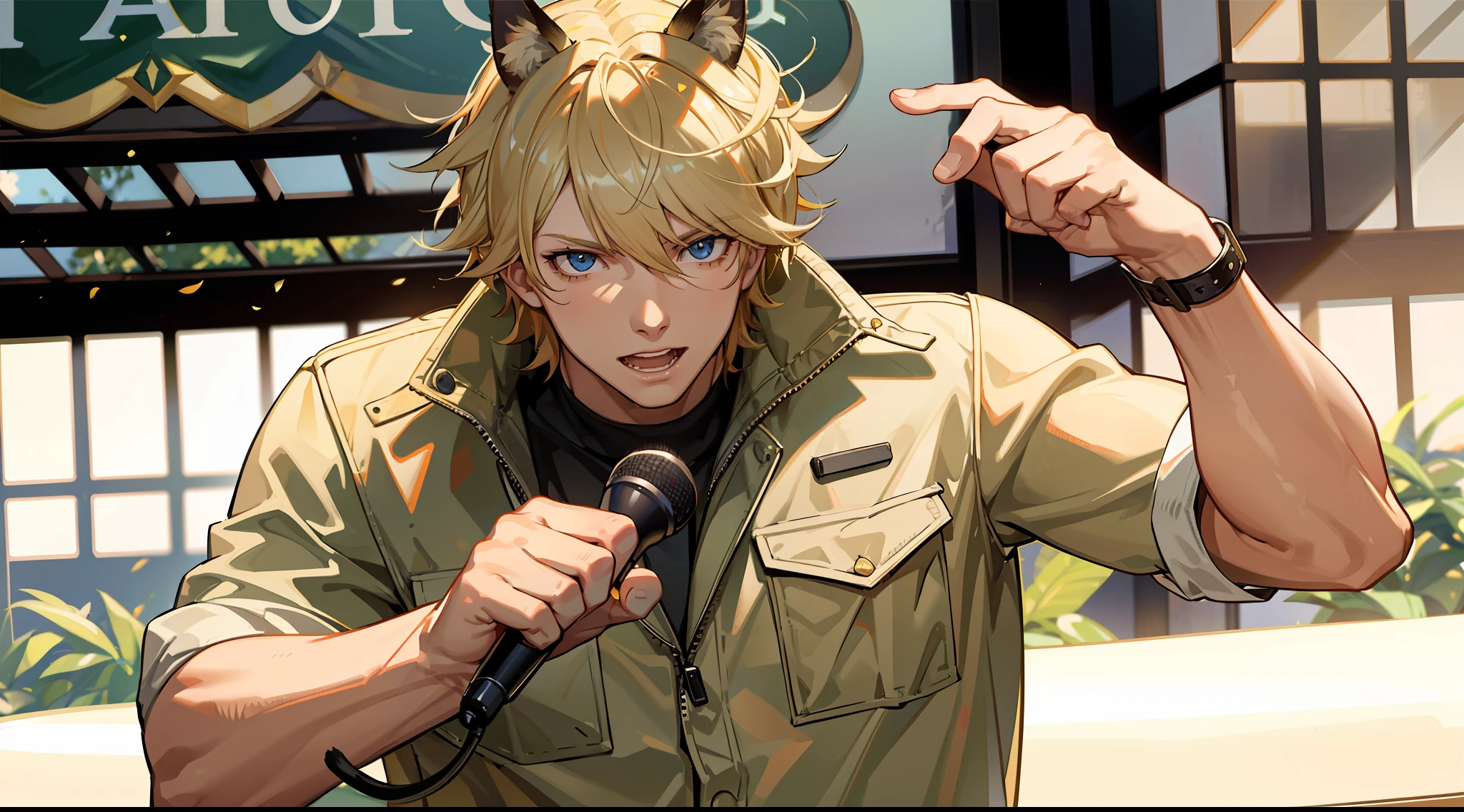 Steve irwin riding a dragon,  australian, 1 boy, male focus, blonde hair, looking at viewer, perfect anatomy,perfect hands, midday summer, sunshine, cel shading, holding, holding a microphone speaking to a crowd, detailed face, detailed eyes,crazy eyes, cat ears, determined, halo, shiny hair, ray tracing, high detail, 16k, textured skin, super detail, UHD, retina, anatomically correct, award winning