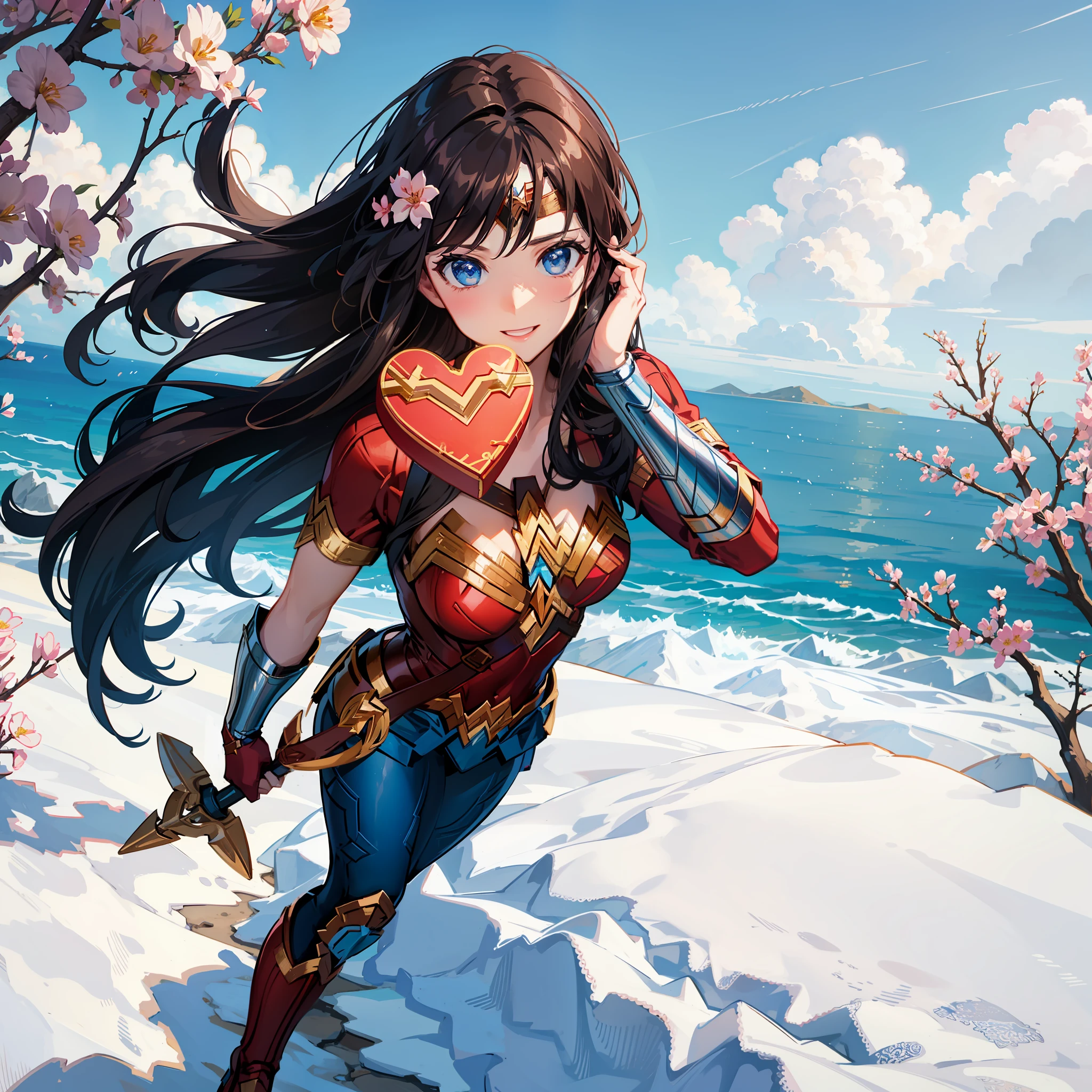 wonder woman, valentine's days, happy, scenery with flowers, intricate details, 4k