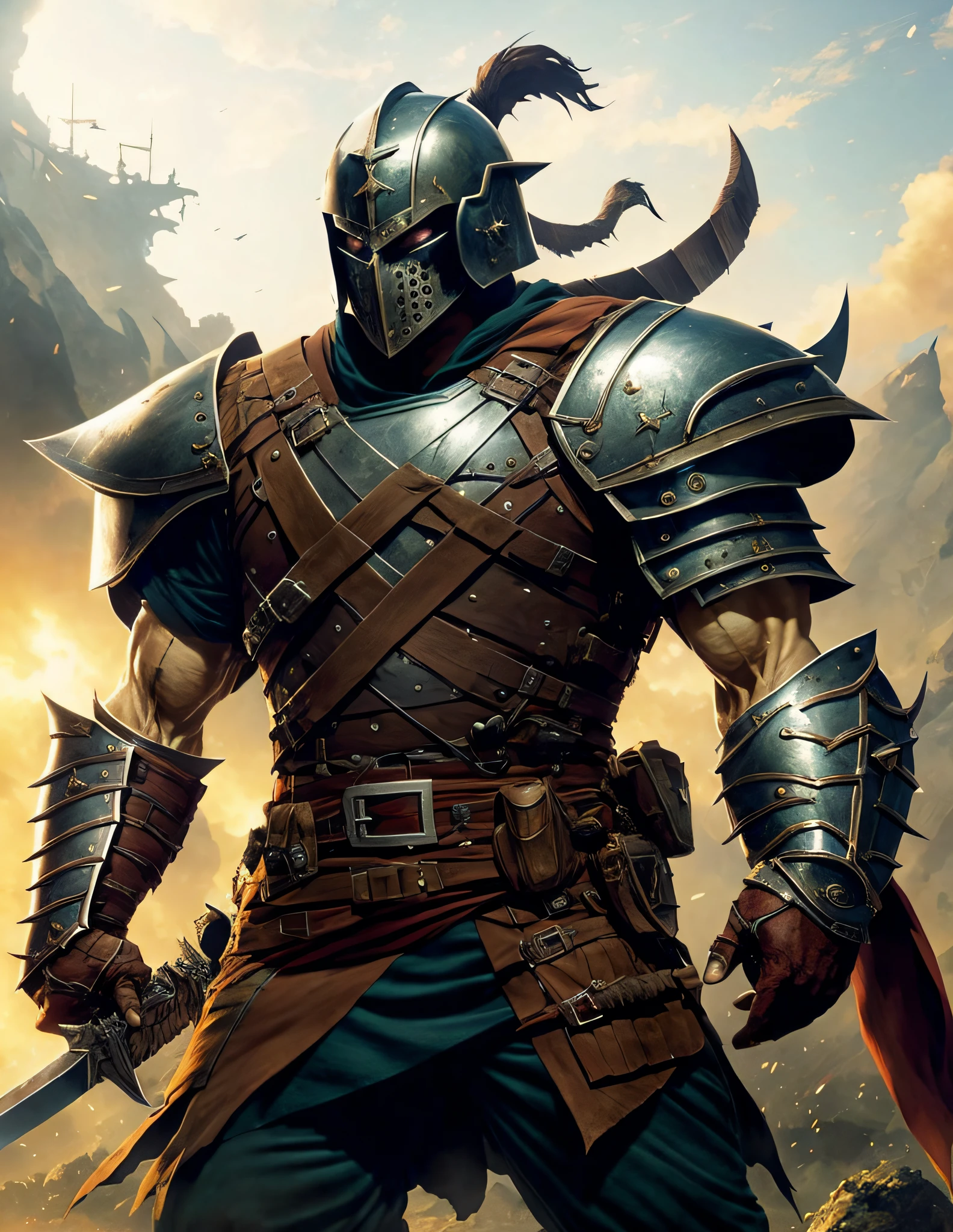 Attack on Titan, angry Giants, dark and gritty, Studio Ghibli, Anime Key Visual, by Makoto Shinkai, Deep Color, Intricate, 8k resolution concept art, Natural Lighting, Beautiful Compositiona man in a helmet and armor holding a sword, concept art of a warrior, thief warrior, ancient warrior, armoured warrior, dark warrior, fantasy warrior, armored warrior, male warrior, warrior dnd character, andreas rocha style, powerful warrior, ancient soldier, persian warrior, a fantasy warrior, human warrior, hq 4k phone wallpaper