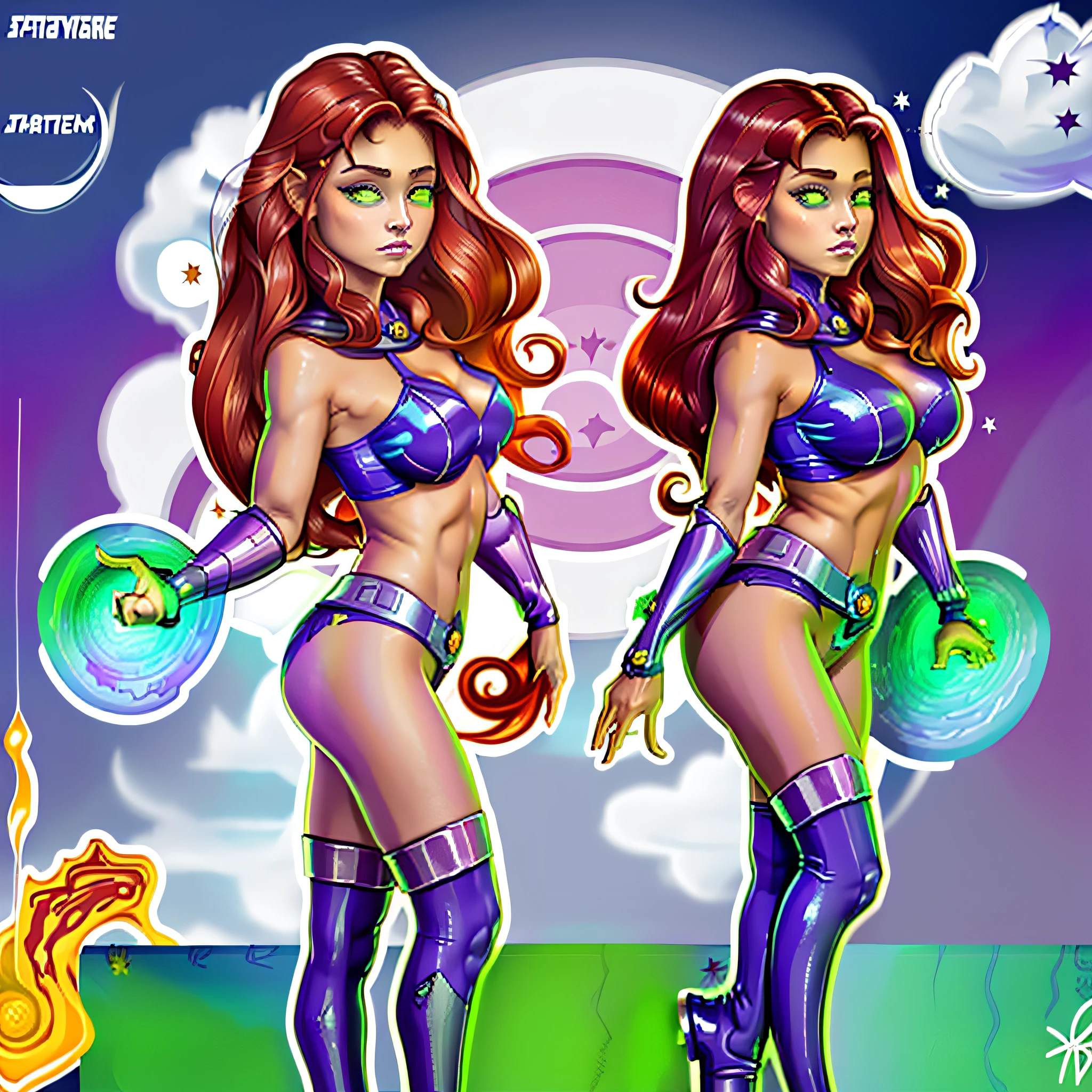 STICKER, Starfire, (best quality, masterpiece, highres:1.3), (solid outline:1.2), absurdres, women full view, large breasts, star eye, Starfire, Superhero, blush, red eyes, red hair, purple costume, naked, see thru, milf, full body portrait, cowboy shot, no background, looking up, perfect face, detailed face, bangs, perfect body, beautiful eyes, pretty face, bright skin, idol, shoes, cleavage, face view, ass view, side by side, sexy stockings, unbutton top, panties, full body, shoes visible, standing up, holding her breasts, naked top,