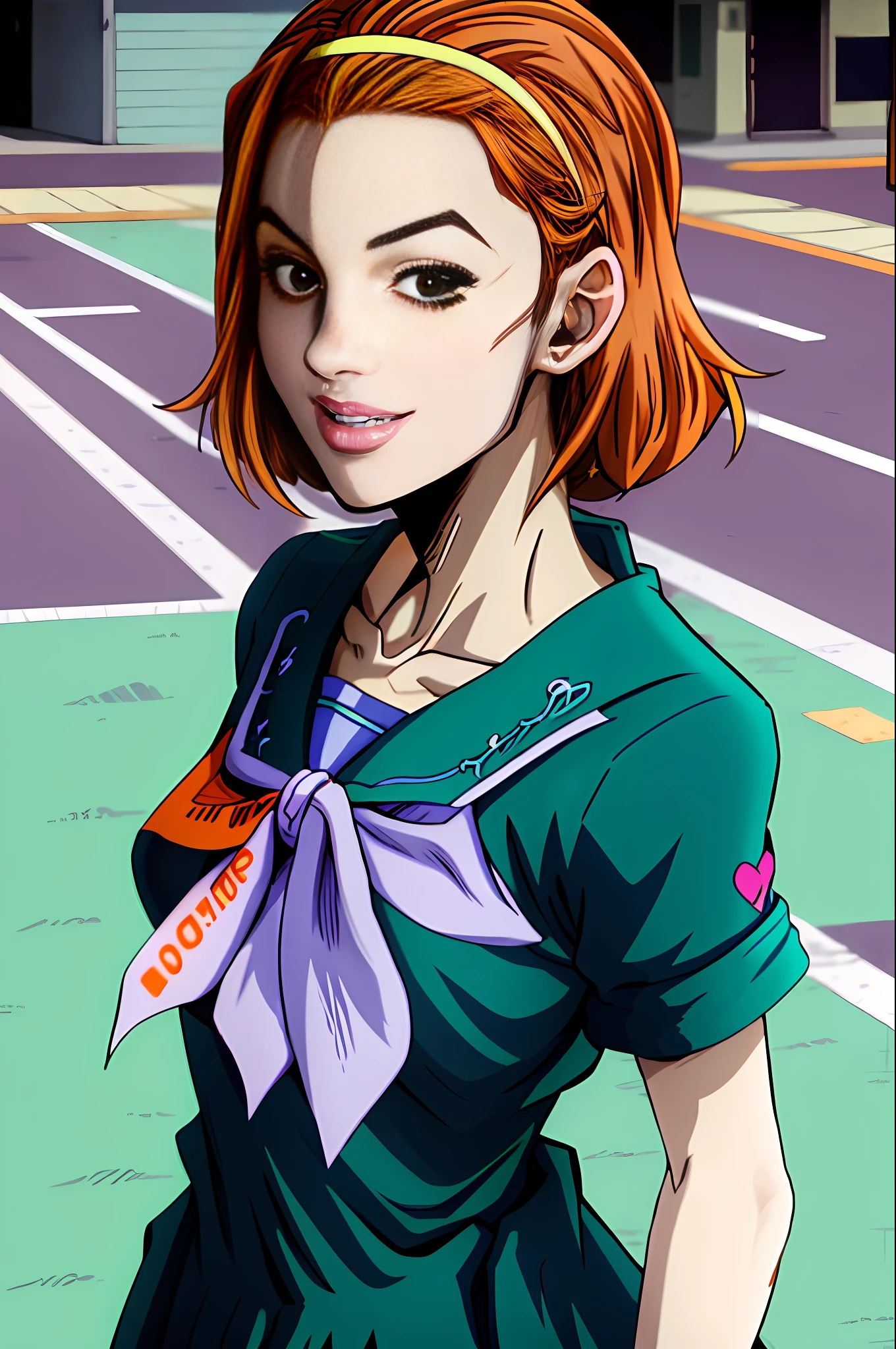 masterpiece, best quality, absurdres, 1girl, hairband, medium small breasts, parted lips, smile, serafuku, green shirt, short sleeves, purple neckerchief, (streets, outdoors, orange sky), araki hirohiko (artstyle), diamond wa kudakenai, upper body, portrait