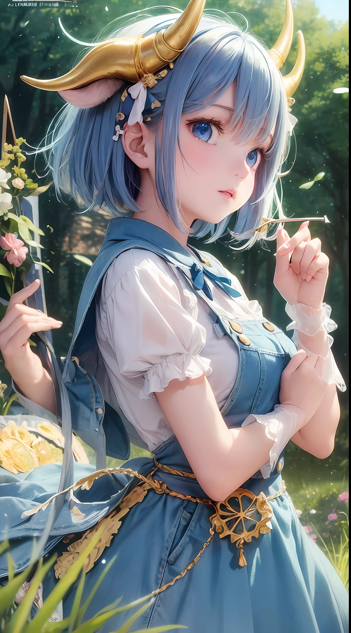 (Masterpiece), excellent picture quality, delicate and dreamy atmosphere, beautiful and cute anime girl, wearing arm guards and arm warmers, horn hairpins, short hair with colorful dresses and cow guard equipment, denim clothing, grassy pasture background, eyes full of color, like dream-like morning sun, clear blue and clear sky white clouds, perfectly presenting high-quality CG pictures.