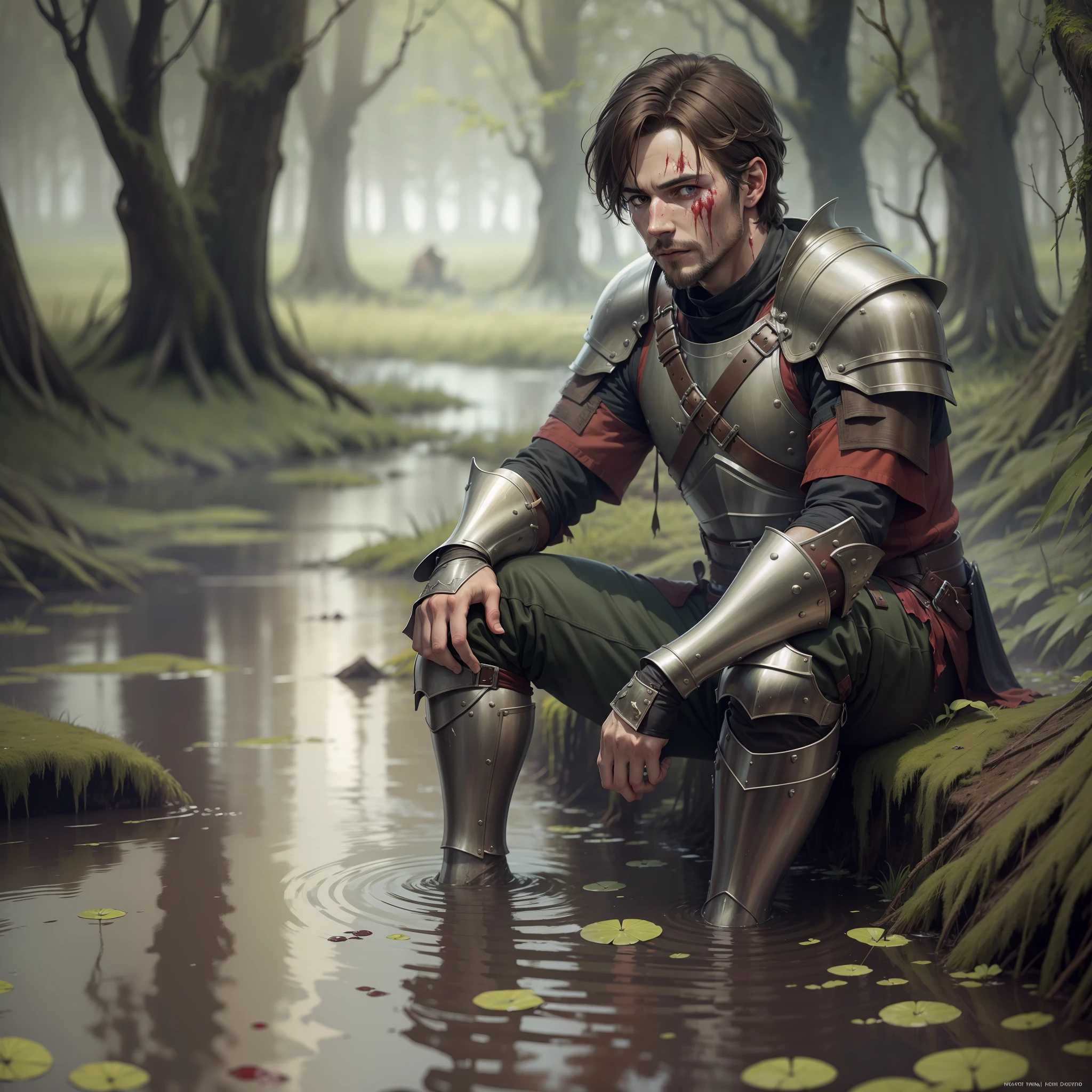 Ultra-realistic image of a man with short, brown hair, wounded, bloodstained face, dressed in medieval armor, sitting on a swampy terrain, set in a dark horror movie swamp