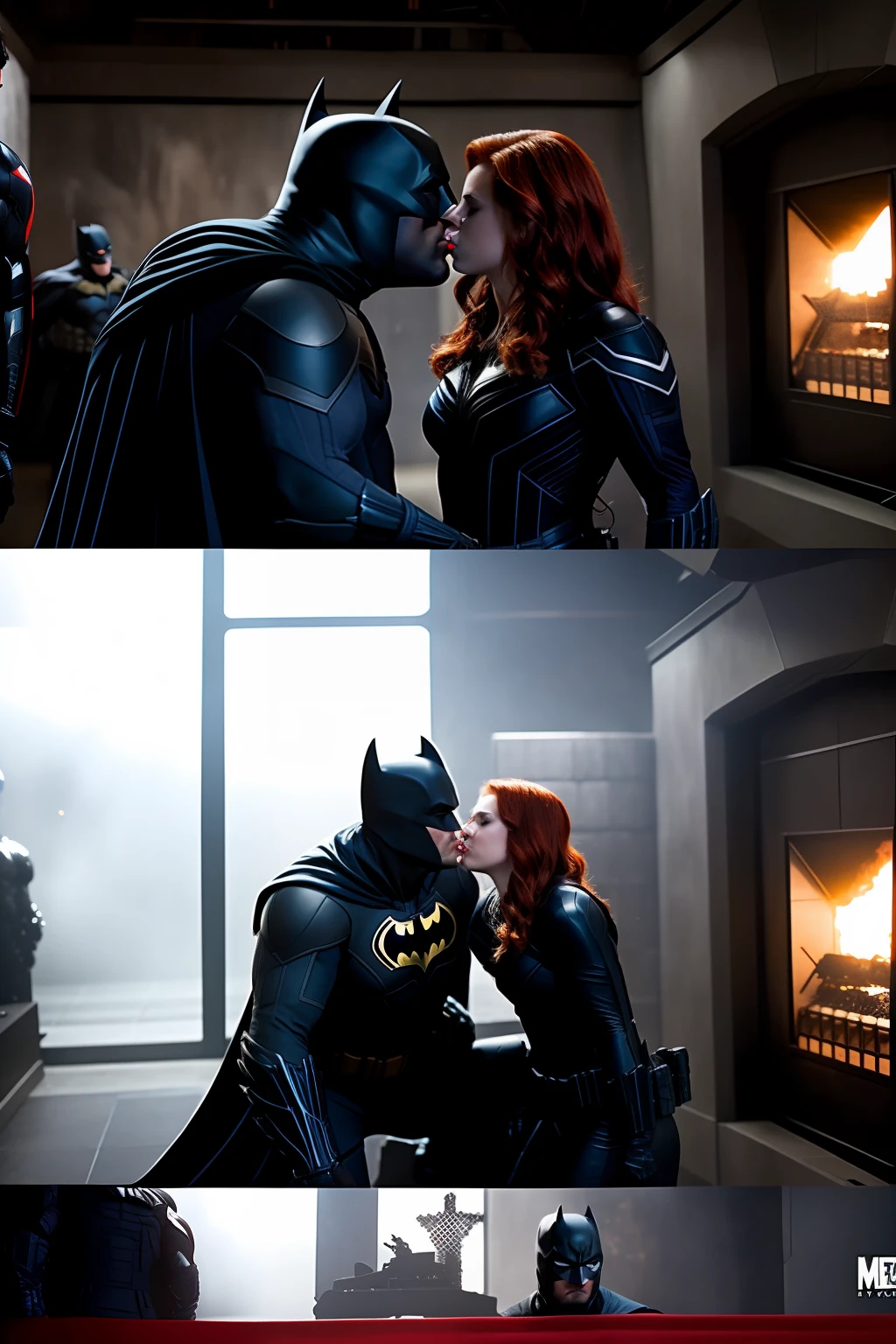 Batman kissing Marvel's Black Widow inside the Batcave, ultra-realistic and detailed scene