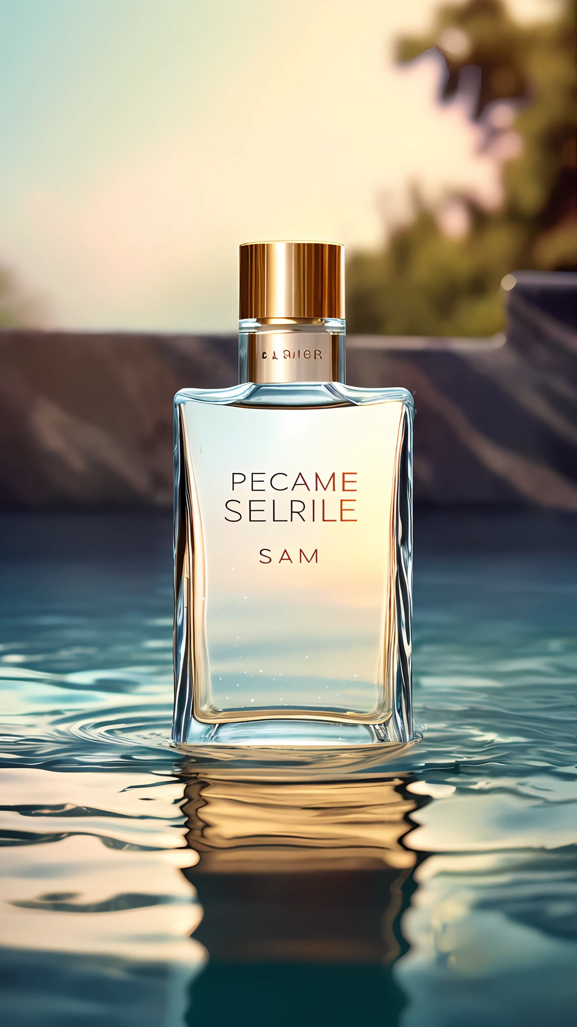 Perfume, the bottle stands on the surface of the water, there is a reflection on the surface of the water