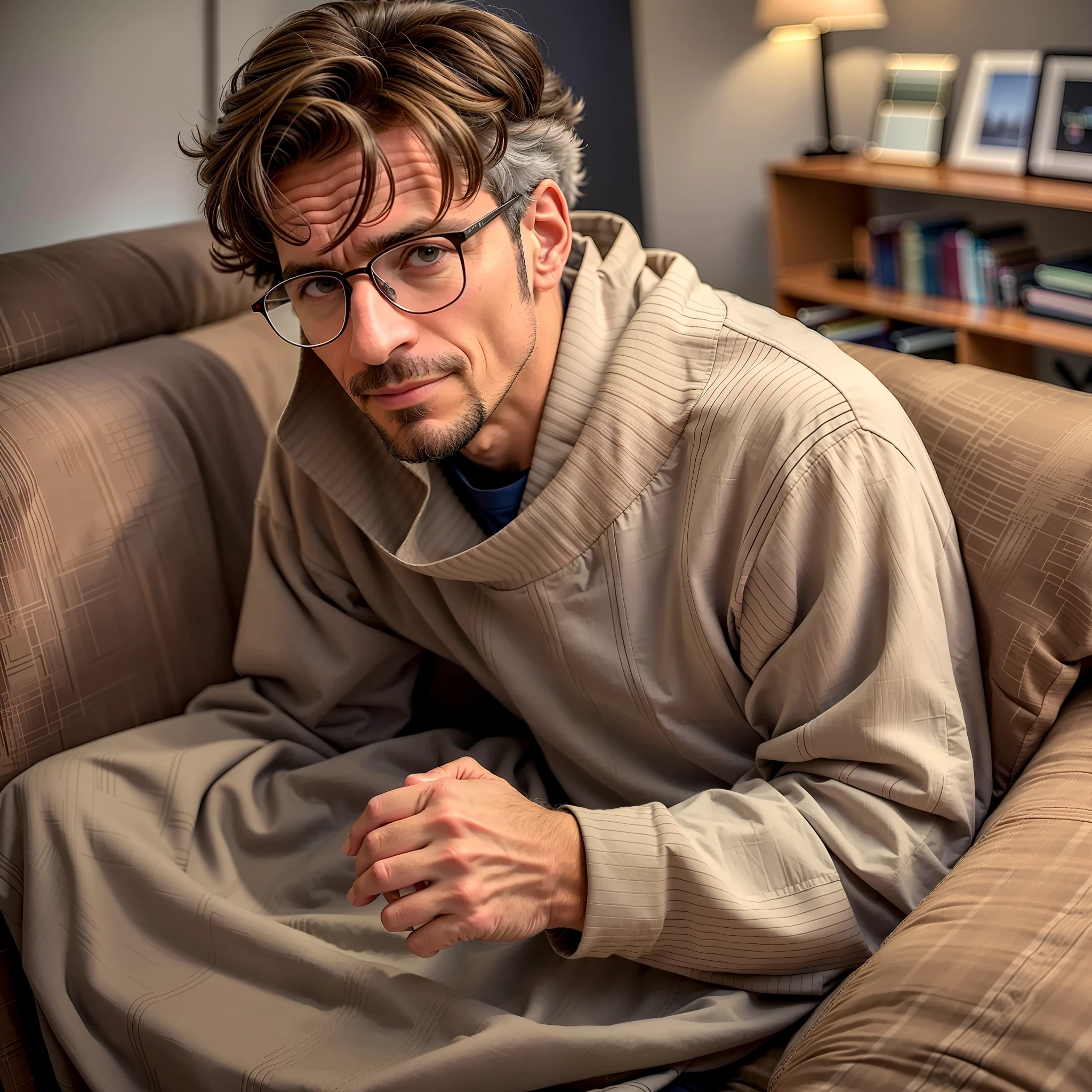 Arafed man in a long sleeve T-shirt, and glasses lying on a couch, he is wearing a brown sweater, handsome man, man in his 40s, man with glasses, portrait shot, wearing a gray robe, portrait photograph house, covered with blanket, attractive man, with glasses and goatee, portrait shot 8 k, middle-aged man, high quality portrait