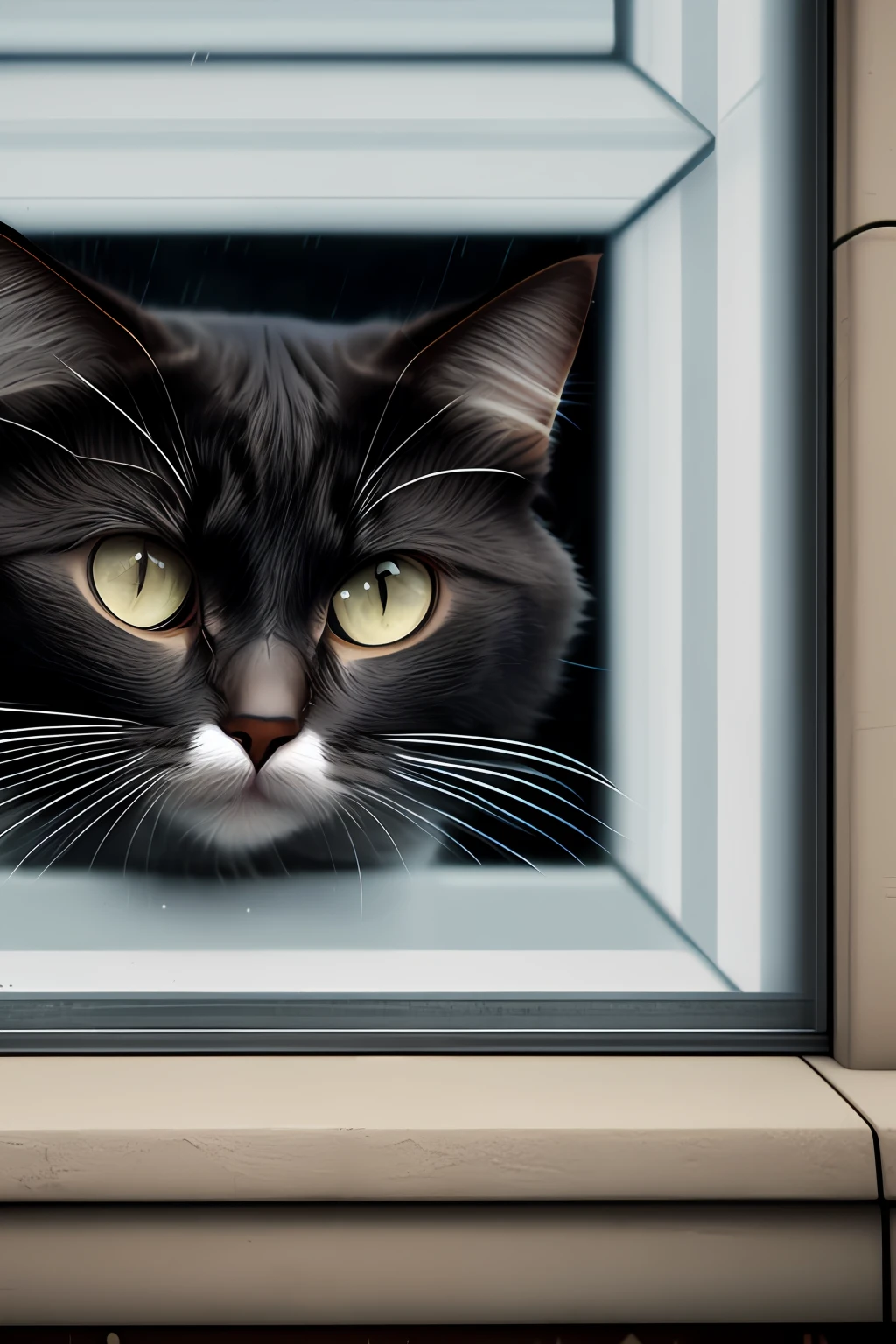 Cat, cute, big eyes, sad, window, raining, (realistic image, 8k)