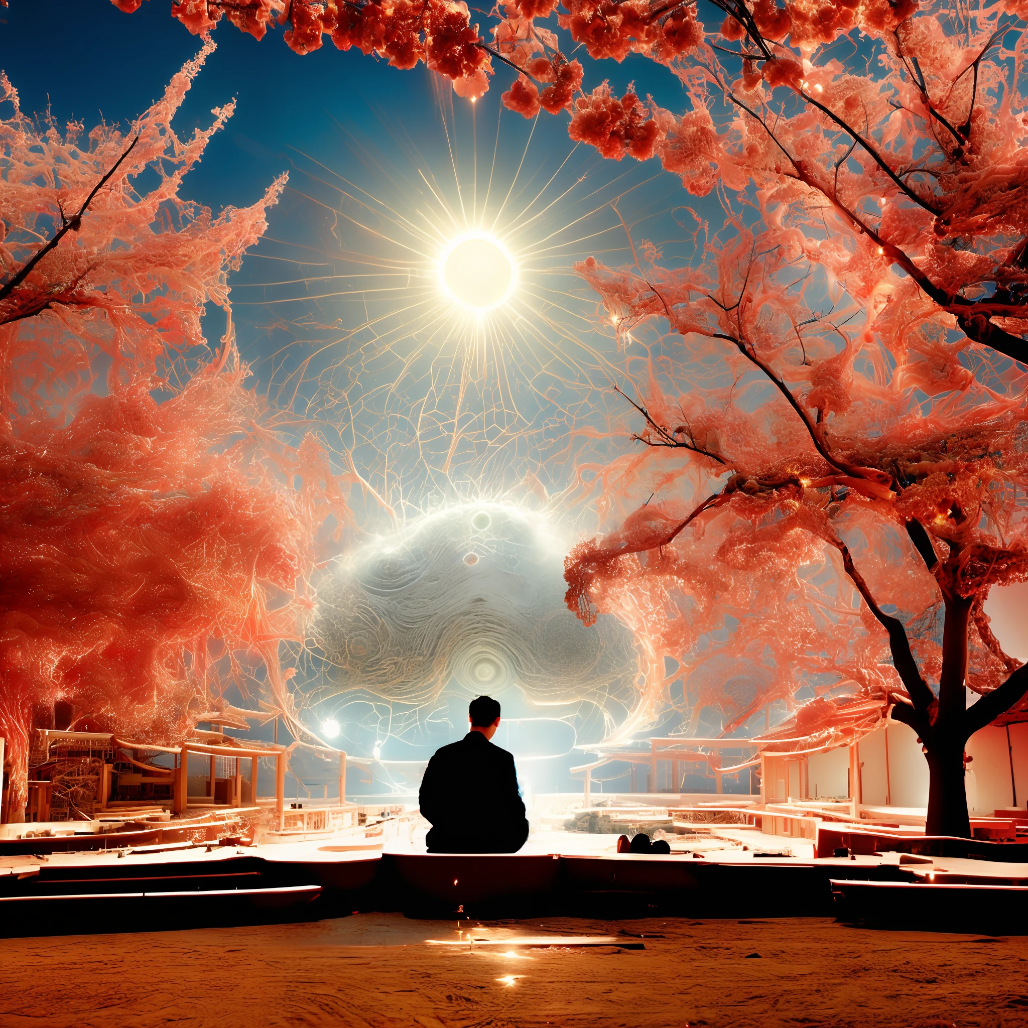 No text, wide shot photography, (PromptEater:1) (SamuraiNqrd:1) (CosmicGate:1.6), Red Sun, Cherry Blossoms