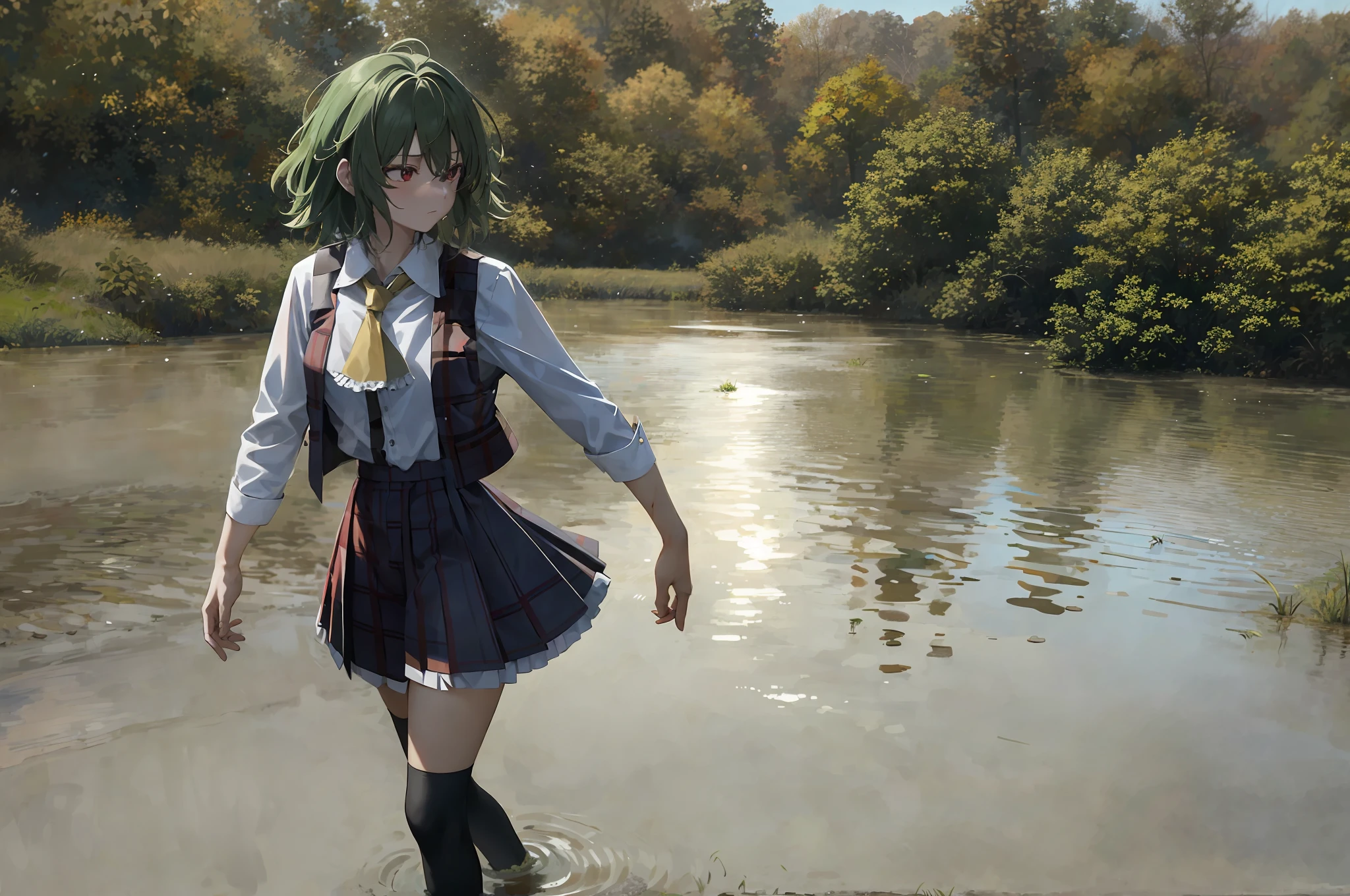 1girl, kazami yuuka,red plaid vest,red plaid skirt,yellow necktie, green hair,(white high socks:1.1),walking through a muddy field, standing in a pond, she is walking on a river, standing in a shallow river, standing in shallow water, standing in a lake,