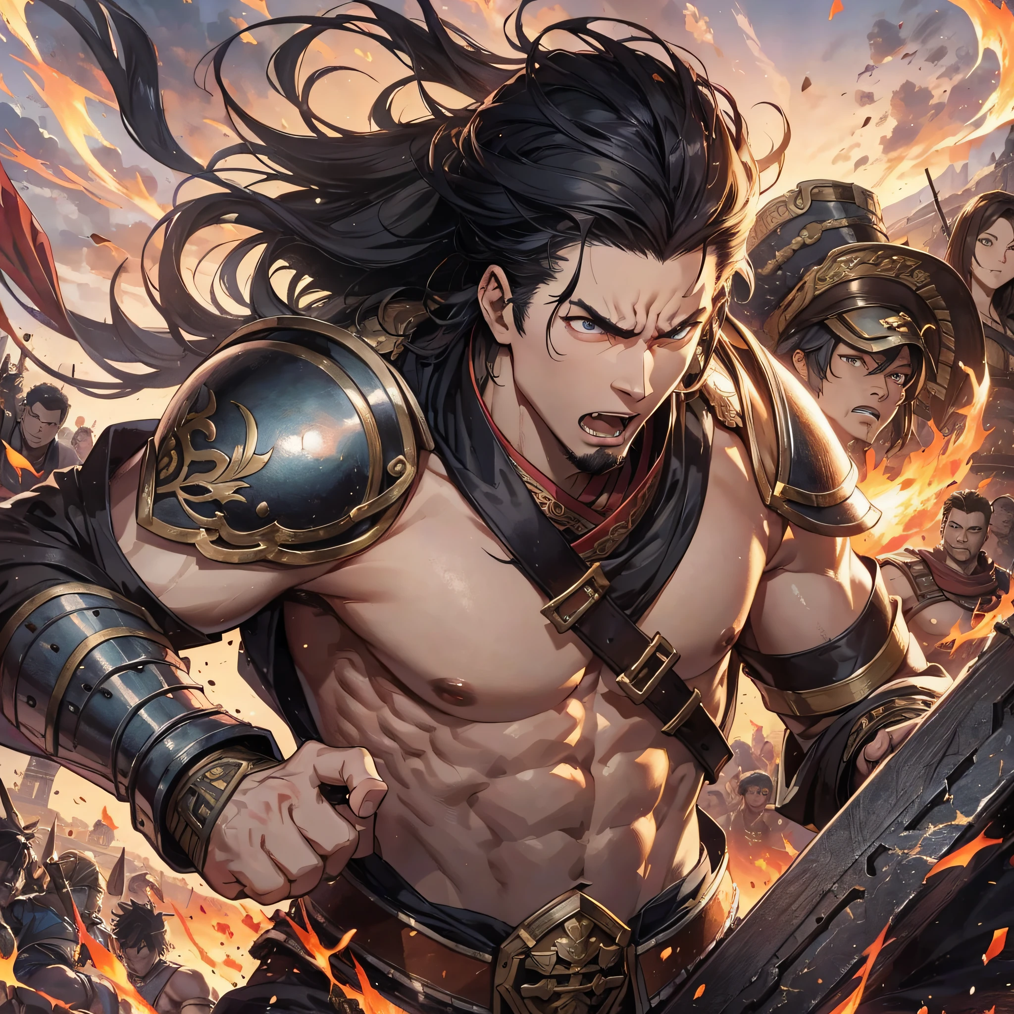 Fallacious resolution, high resolution, (masterpiece: 1.4), hyper-detail, ancient Chinese, shirtless general with upper body, angry expression, barbarian soldiers behind him, siege, desert, dusk, fire,