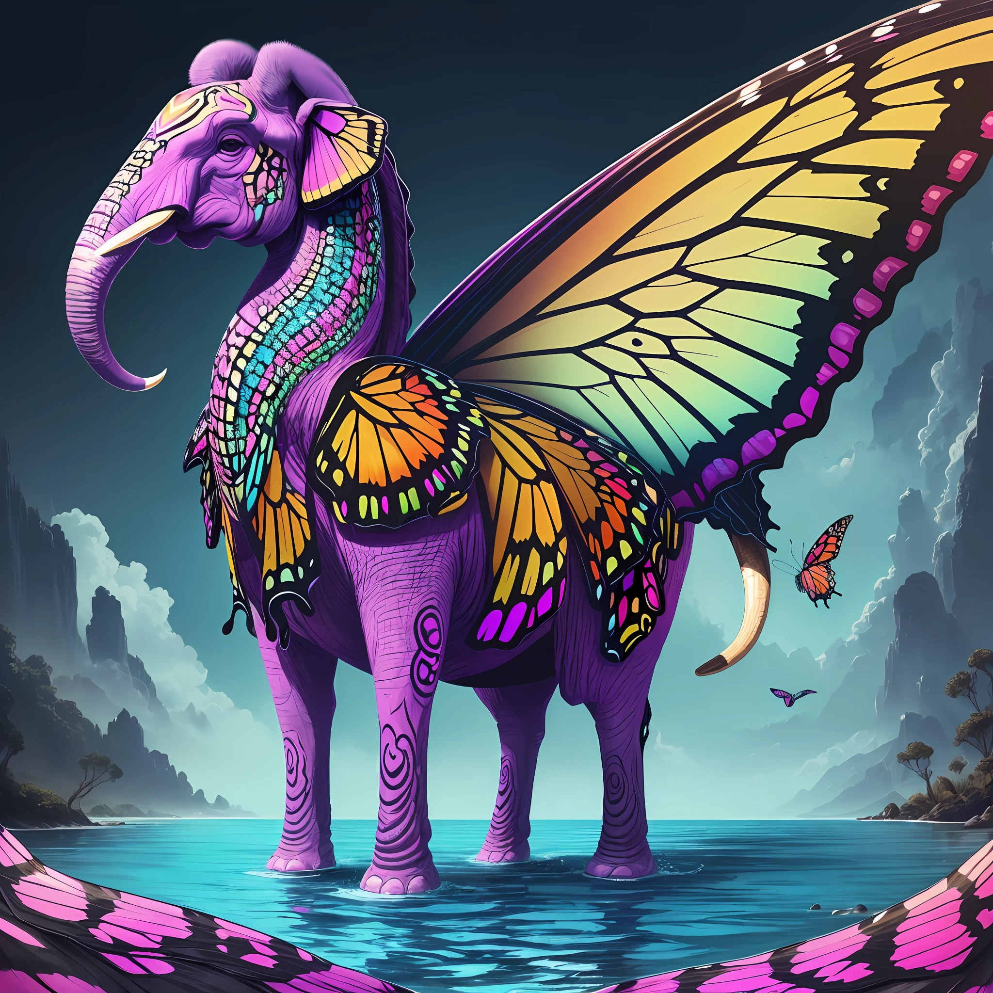 (artwork, superior quality, ultra detailed),imagine a hybrid animal with (horn+elephant-like face:1.2+no ears+colorful butterfly wings:1.3+ostrich feet+snake tail),majestic expression, in a surreal setting of high contrast and saturation. --auto --s2