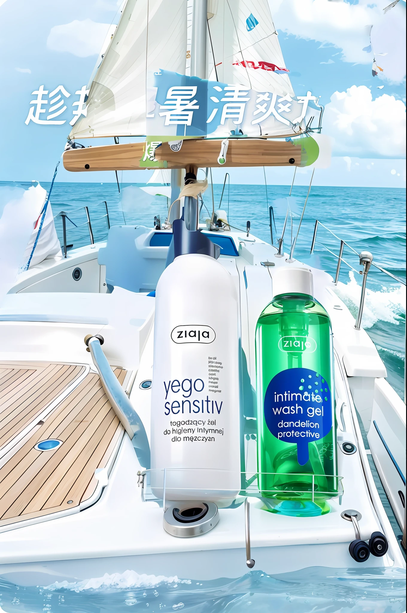 Real shot of sailboat, close-up, sailing deck as tabletop, metal guardrail, sea water, sky, depth of field