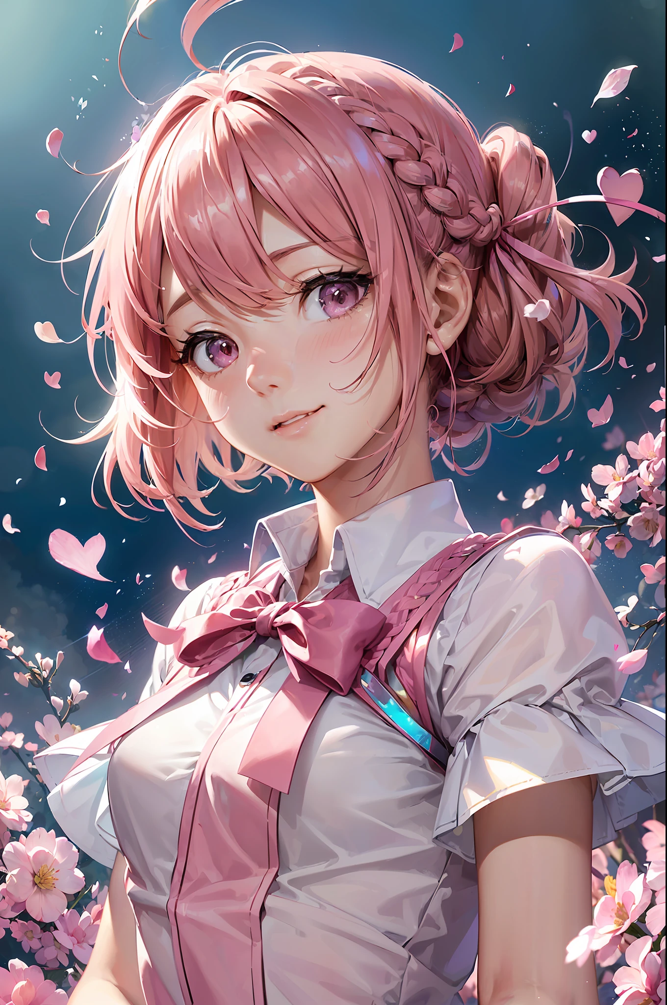 High resolution, ultra-detailed, ((((2D))), Japan person, 1 girl, -yeld hischool girl, (((pink hair)), intricate and beautiful braided hairstyle, pink school uniform, uniform by designer, short sleeves, (bob hair), dull bangs, finely detailed eyes, golden ratio face, 8 lifents, sunlight, complex iridescent light grains, complex light reflection, beautiful petal shower, background blue sky, transparency, hidden beauty, Smiling, deep description, whole body, full of energy, looking at the viewer, fantastic description, complex attraction, tenderness overflowing from within, neon, (beautiful fine petals dancing: 1.3), skin exposure less, dynamism, (carefully drawn hands, fingers: 1.3), many flowers drawn, soft skin, heart ribbon,