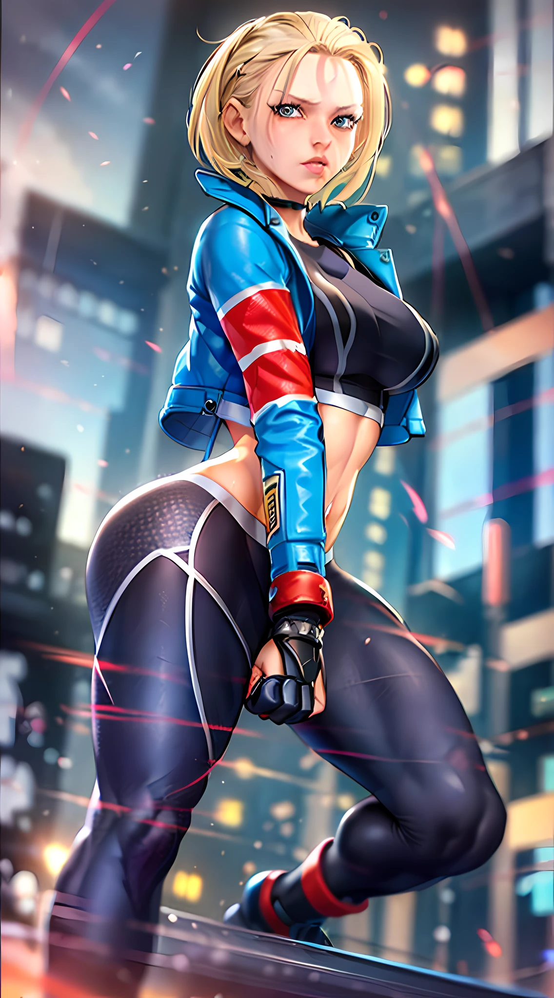1 girl, Caucasian, ((detailed face)), cammy in street wrestler clothing ((jacket)), (blue jacket on top) [black sports t-shirt] and (black yoga pants), (circumflex blonde hairstyle, short hair), bottom a gym, (arms behind her back), (bend over), wiggling her big ass, in a gym.