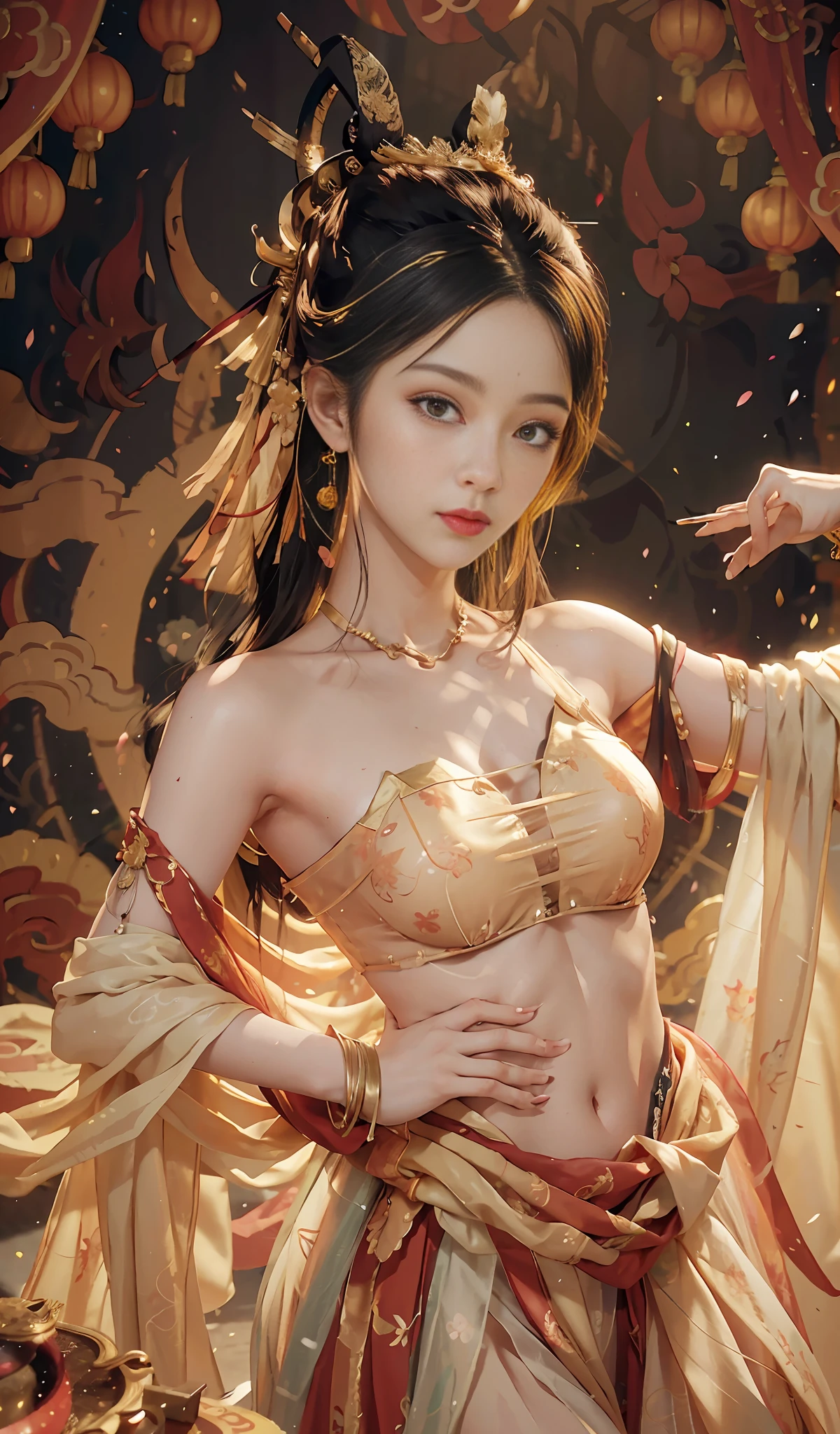 RAW Photo, Tyndall Light Effects, Realistic, (Photo Real: 1.3), Best Quality, Masterpiece, Ultra Detail, Extreme Detail, 8k Wallpaper, Realistic Detail, Movie Lighting, Illustration, upper_body, Dynamic Angle, World Mastery Theater, Best Quality, Extremely Delicate Beautiful Girl, Perfect Face, Delicate Facial Features, Perfect Hands, Delicate Eyelashes, Delicate Eyes, Ancient Chinese Hairstyles, Hairpins, Earrings, Bracelets, Waist Accessories, Supple Fair Skin, Sexy Collarbone, Double girls dance, dunhuang_dress, off-the-shoulder, transparent fabric, stunning beauty, belly, navel, amazing, sexy, peach blossom eyes, light makeup, smile, lens_flare, Buddhist purification, temple pillars, mural background, messy, very detailed lotus, streamers, floating, Chinese lanterns, some fluttering petals
