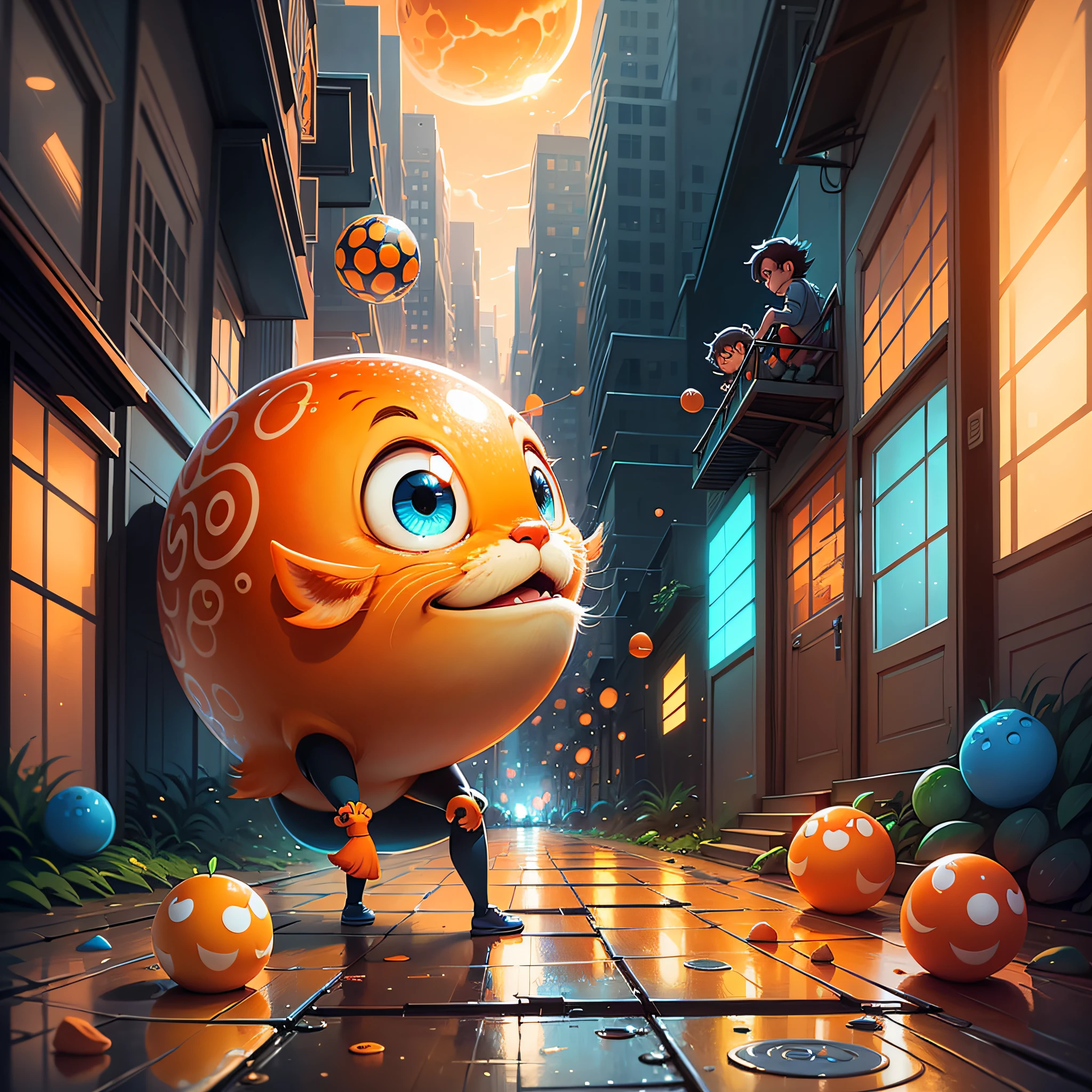 Cartoon illustration of a sad orange ball, Cyril Rolando and Goro Fujita, mobile game art, Lovely digital painting, Sad light, Winner of art contest at Behance, Jen Bartel, Gloomcore illustration, official art, bright and happy atmosphere, in the style of Cyril Rolando --auto --s2