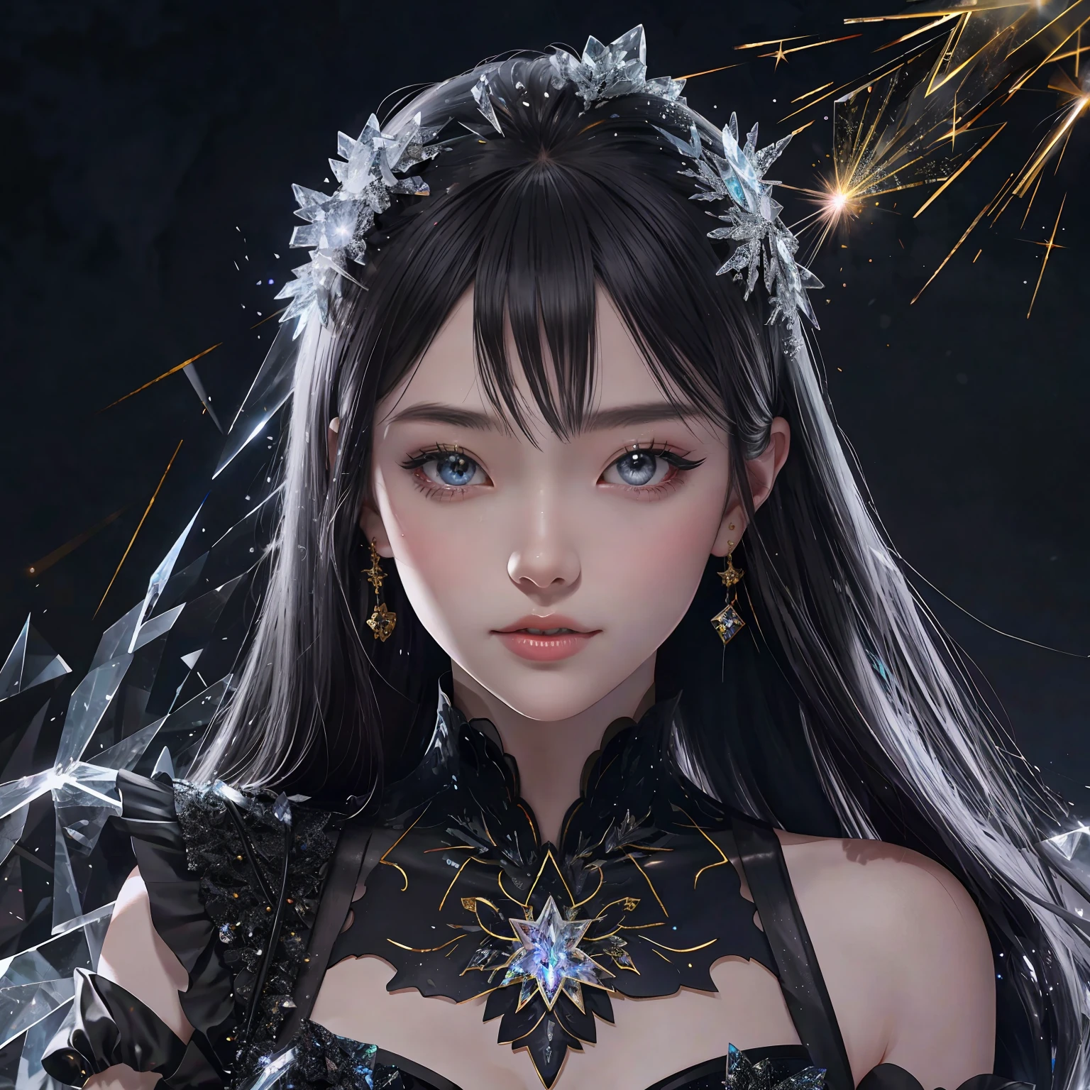 macro, anime style, a glorious void-infused black peony, frozen, frost coating, beads of condensation, crystal and sparks in the air, gilded, backdrop volumetric void-light, sublime, delicate, beautiful, intricate details, highly detailed, high-res, vivid color grading, composite lighting, dynamic composition, well drawn, crisp, sharp focus, glamour shot, realistic