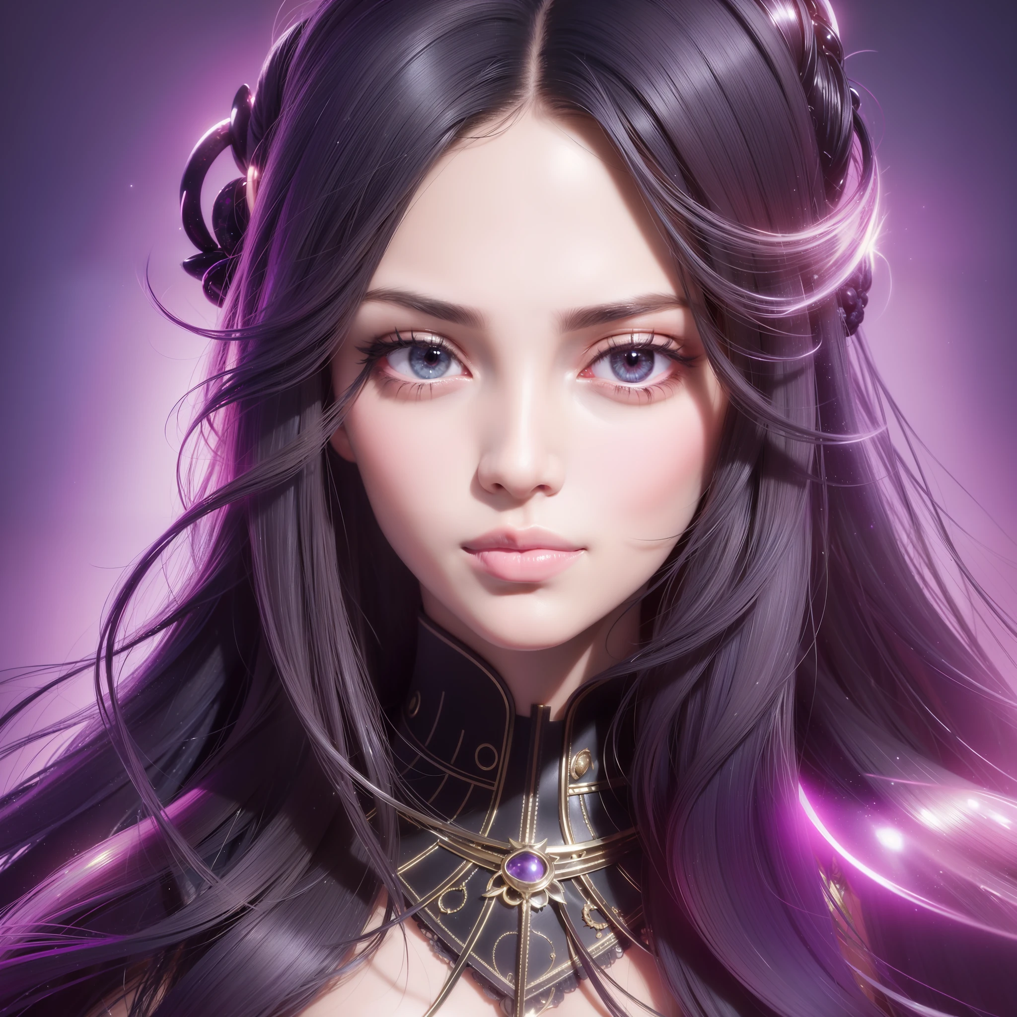 The stunningly realistic portrait of a beautiful woman with long, black hair, radiating with a soft yet powerful beauty, set against a rich and captivating purple background, depicted in 8k resolution - expertly crafted with V-Ray, Octane Render, Renderman Render and Pixar technology.