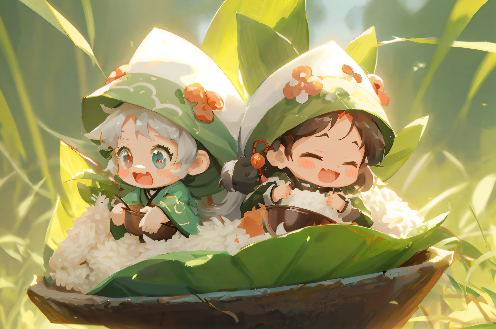 anime characters in a bowl of rice with a leaf, wlop and sakimichan, cute detailed digital art, krenz cushart and wenjun lin, adorable digital painting, cute digital art, wlop and ross tran, ross tran and bayard wu, by Yang J, artwork in the style of guweiz --auto --s2