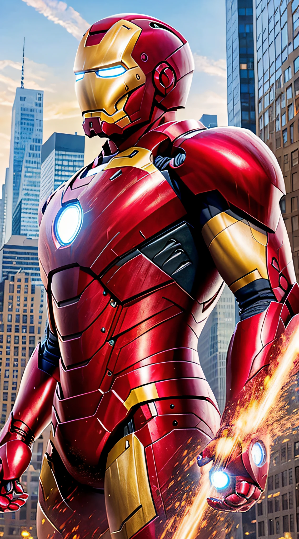 iron man semi profile face with red and gold armor, actor Robert Downey Jr, realistic detailed image, serious face, serious look, image background with detailed new york city and stark tower in the background, realistic image, 12k , ultra-detailed image, perfect detailed face, vivid and real colors