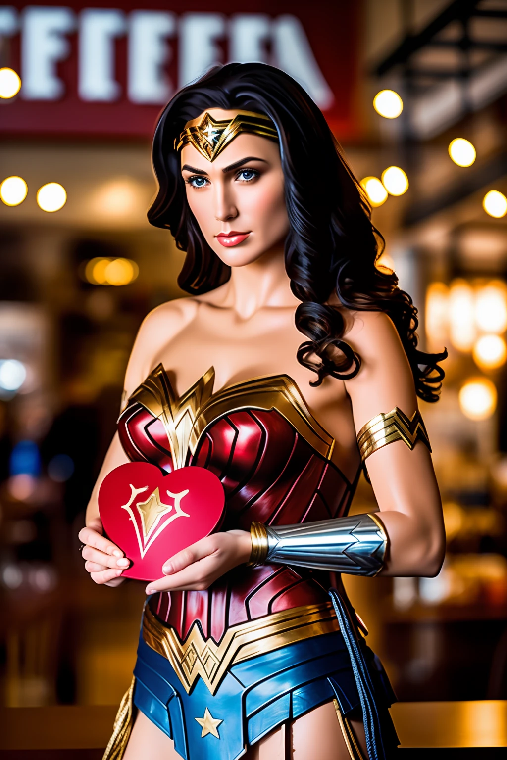 Wonder Woman holding a heart-shaped box of chocolate, realistic and detailed image inside a coffee shop. depth of field, ultra real, ultra detail