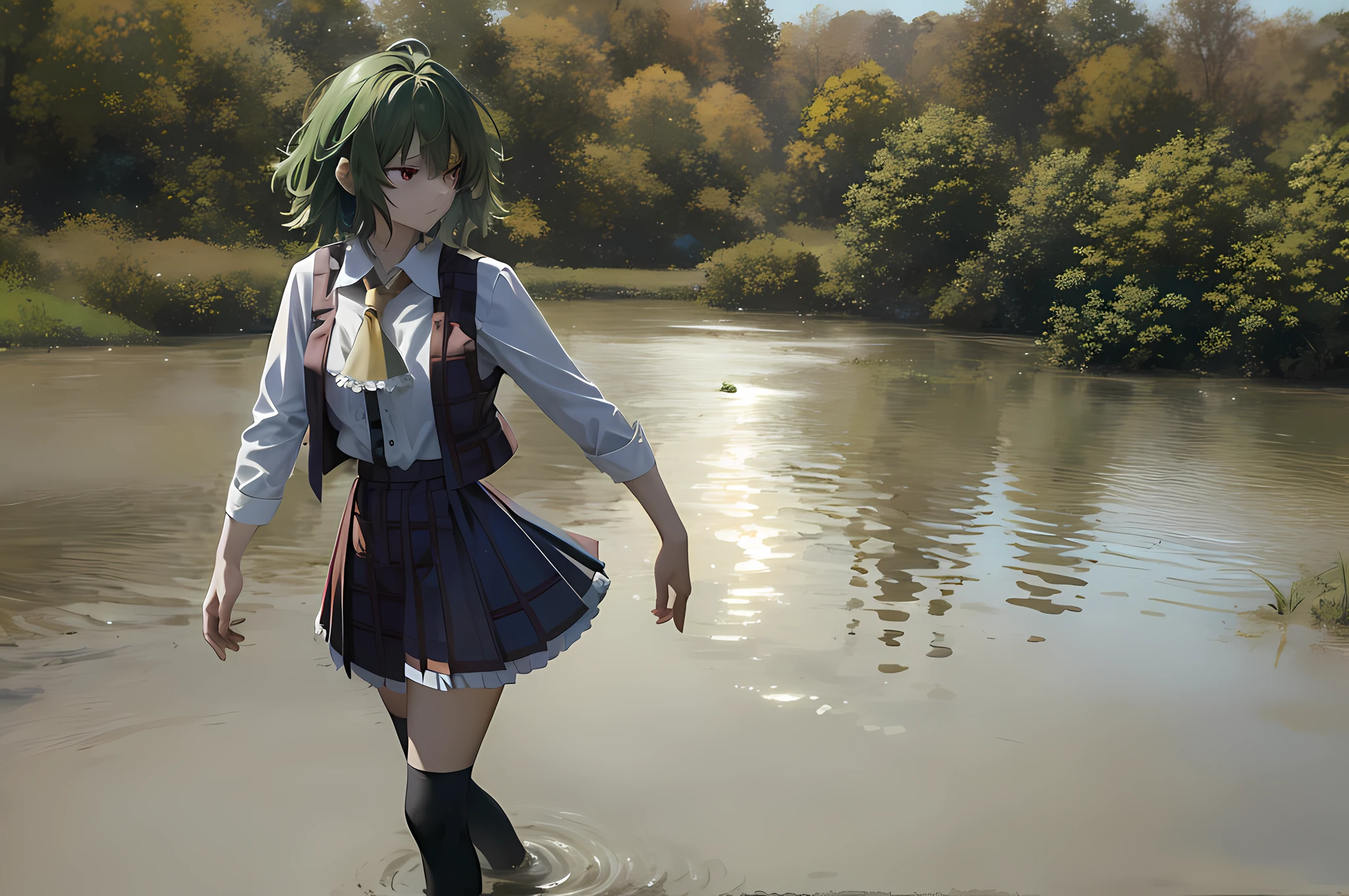 1girl, kazami yuuka,red plaid vest,red plaid skirt,yellow necktie, green hair,(white high socks:1.1),walking through a muddy field, standing in a pond, she is walking on a river, standing in a shallow river, standing in shallow water, standing in a lake,
