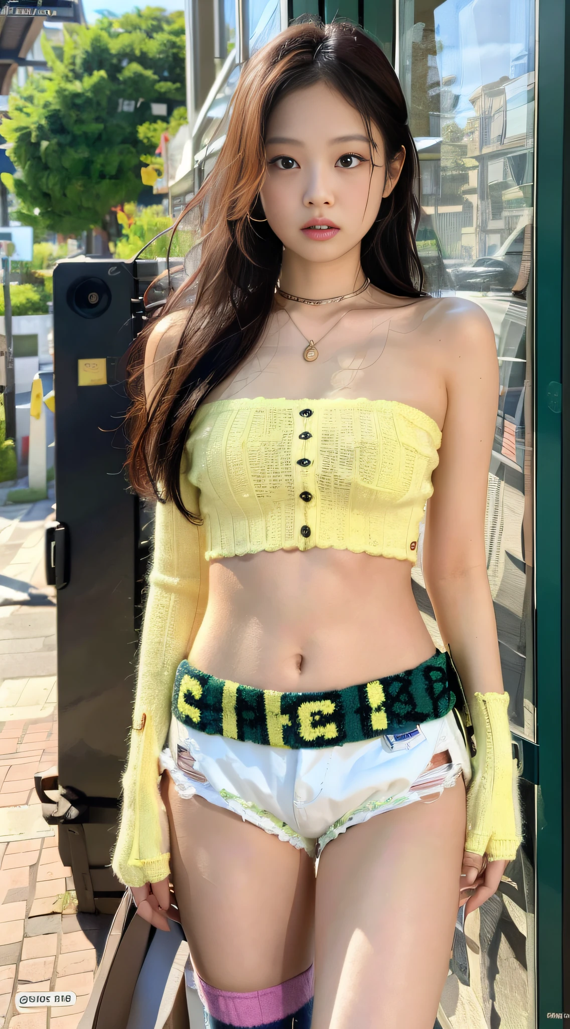 (1girl:1.3), solo,_ Kim Ji-ni Jennie face, wearing yellow armband sweater, cropped style, white bandeau underneath, pale green shorts, sexy, cute, white socks, background campus, full body photo, looking at the audience, world-weary face, cold eyes, Korean style photo photos, photographic lighting, strong contrast, sunlight on the face, world-weary face, high-end sense, 8k resolution image, intricate symmetry details. Smooth action, full picture.