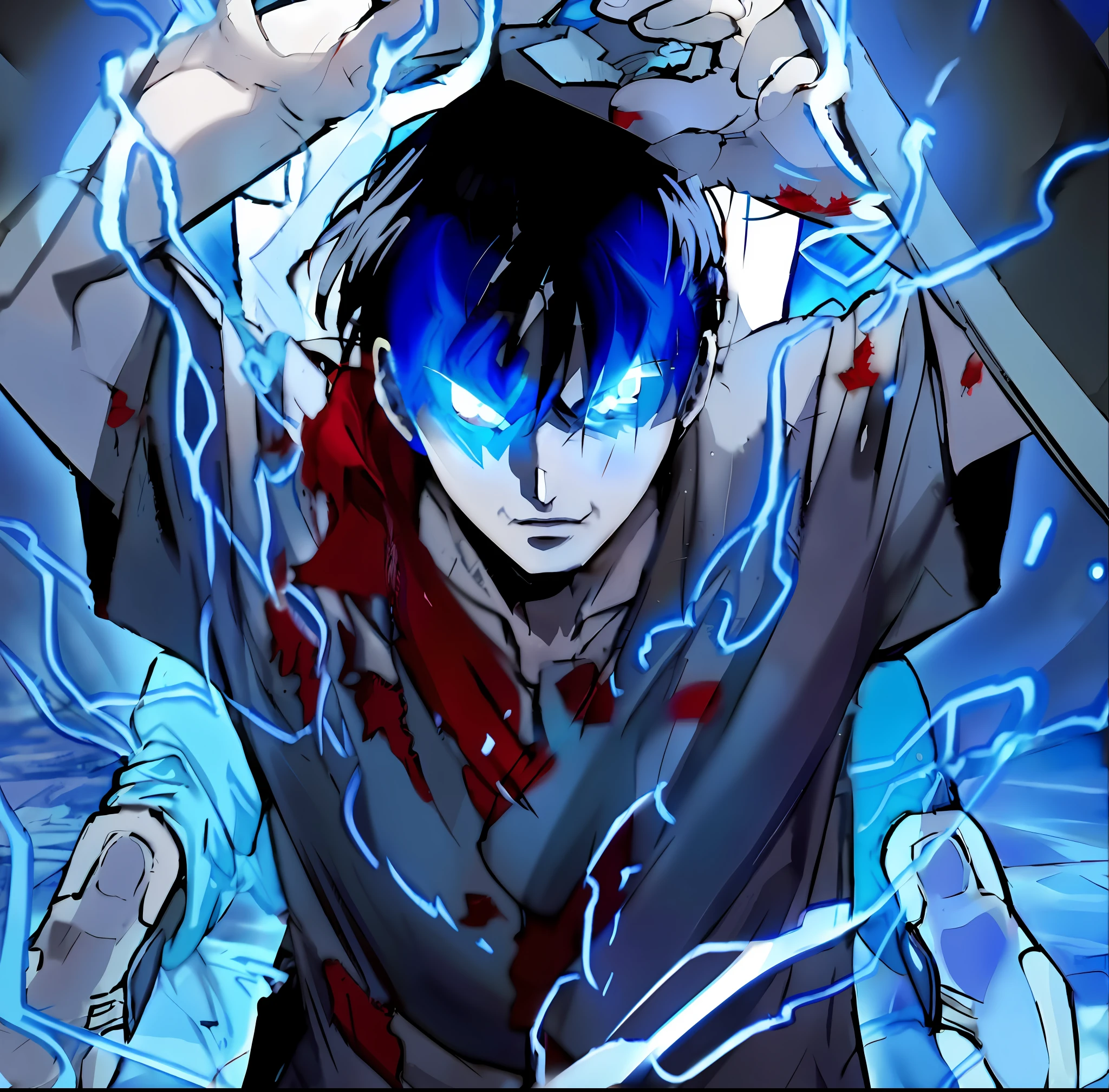 anime character with blue eyes and a bloody face holding a knife, an epic anime of a energy man, this character has cryokinesis, epic anime style, eren yeager, inspired by Shingei, john egbert, badass anime 8 k, epic comic book style, avatar image, shinji, 4 k manga wallpaper, blue fire powers