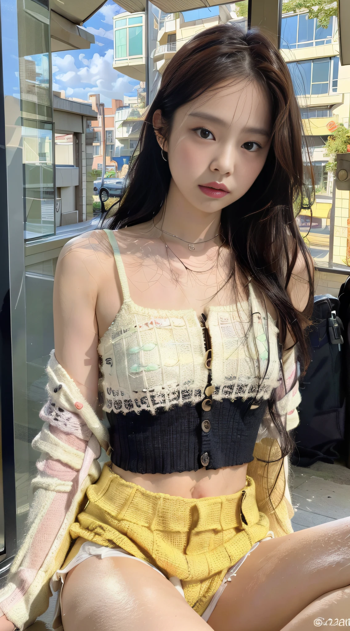 (1girl:1.3), solo,_ Kim Ji-ni Jennie face, wearing yellow armband sweater, cropped style, white bandeau underneath, pale green shorts, sexy, cute, white socks, background campus, full body photo, looking at the audience, world-weary face, cold eyes, Korean style photo photos, photographic lighting, strong contrast, sunlight on the face, world-weary face, high-end sense, 8k resolution image, intricate symmetry details. Smooth action, full picture.