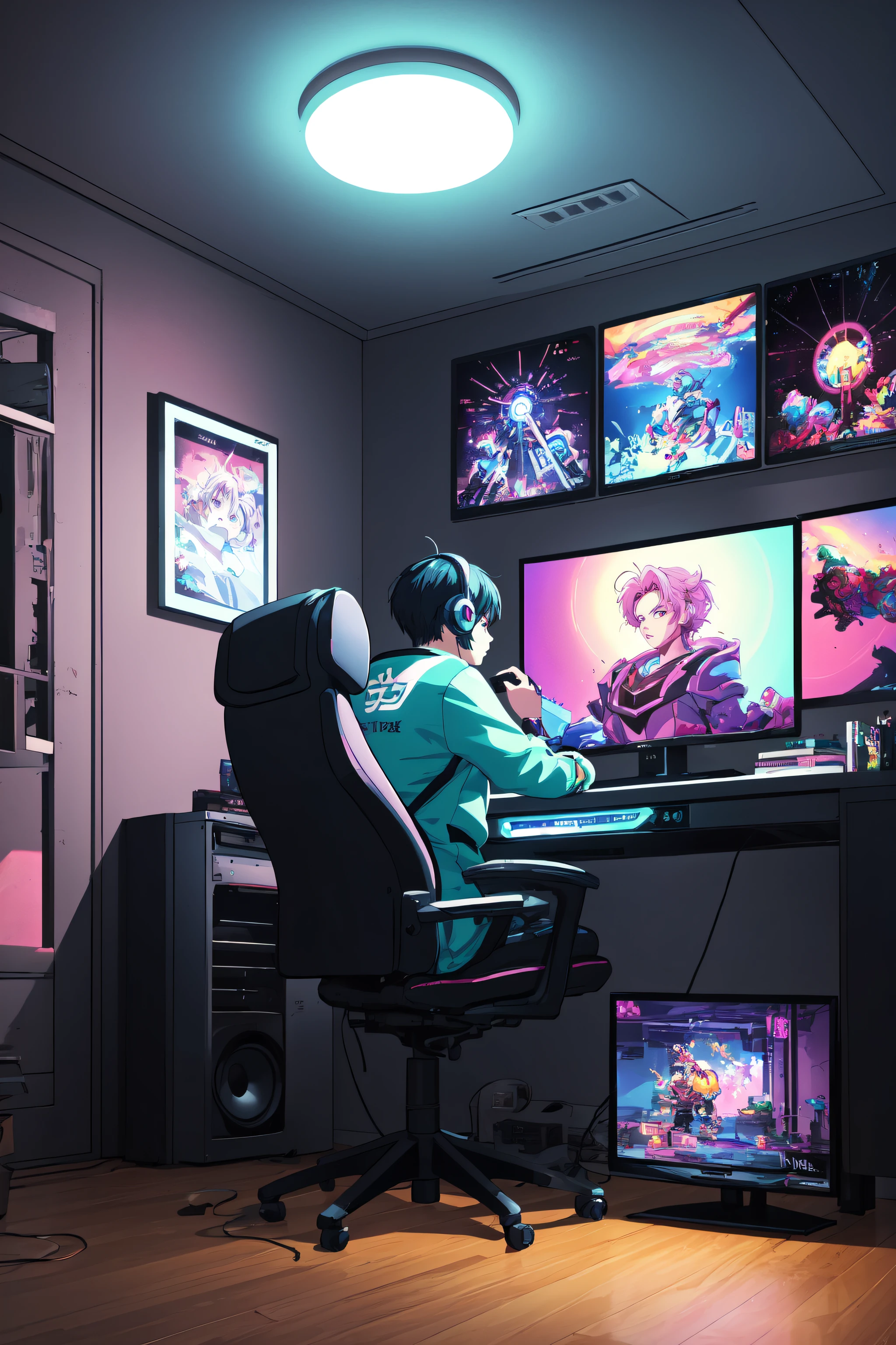 (masterpiece), (best illustration),(no humans), anime background, gaming bedroom, television with large computer, ring lighting , rim lighting,(extremely detailed CG unity 8k wallpaper),(masterpiece), (best quality), (vaporwave style), (ultra-detailed), (best illustration),(best shadow),perfect lighting , perfect anatomy , vivid colors,