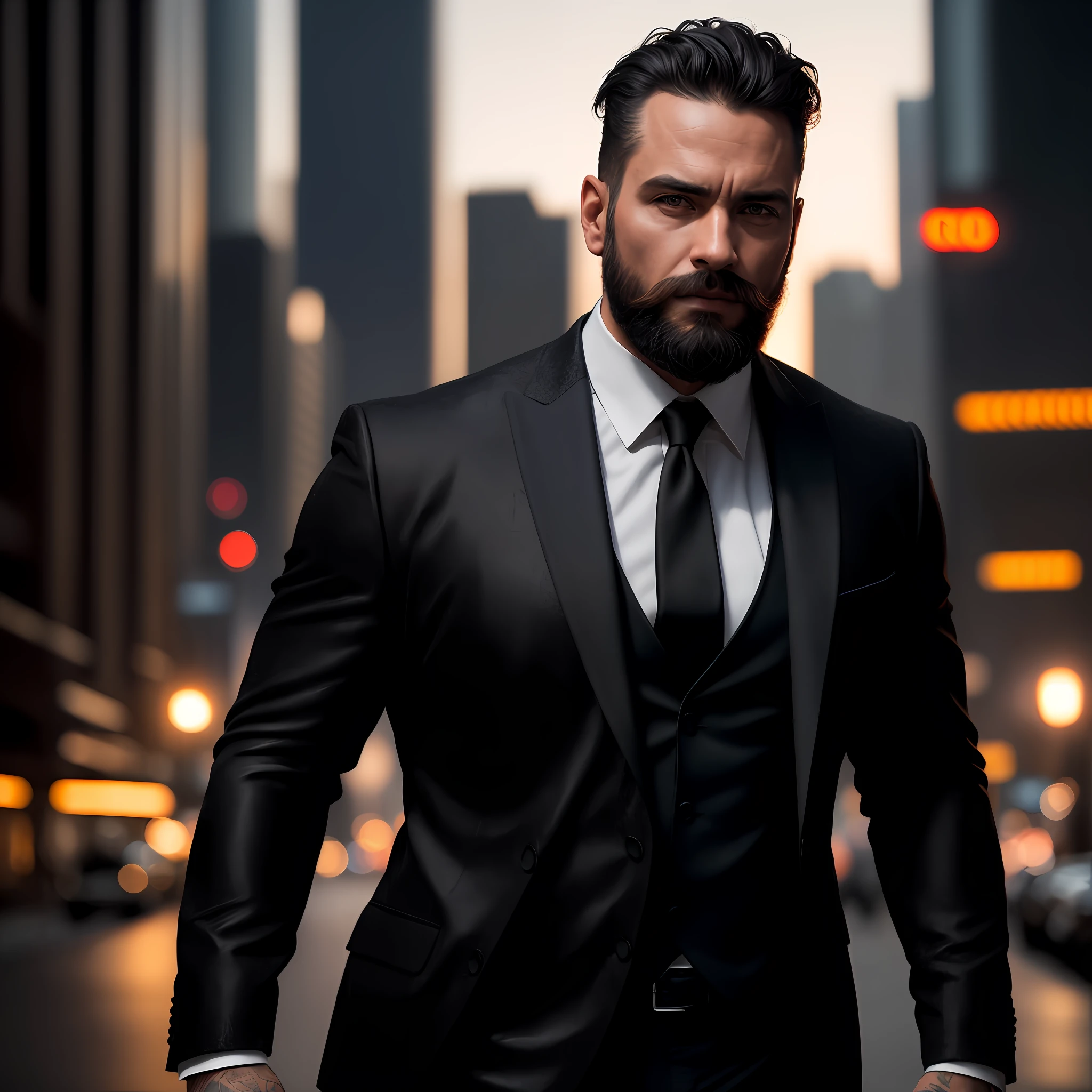 Man with defined body and beard, ((wearing black suit)), Gotham City background at night, photorealistic, photo, masterpiece, realistic, realism, photorealism, high contrast, photorealistic digital art trend on Artstation 8k HD high definition realistic detailed, detailed, skin texture, hyper detailed, realistic skin texture, armor, best quality, ultra high resolution, (photorealistic: 1.4), high resolution, detailed, Raw, sharp photo re, by Lee Jeffries Nikon D850 stock film photography 4 kodak portra 400 camera f1.6 lens rich colors hyper realistic texture dramatic lighting unrealengine trend in artstation cinestill 800,