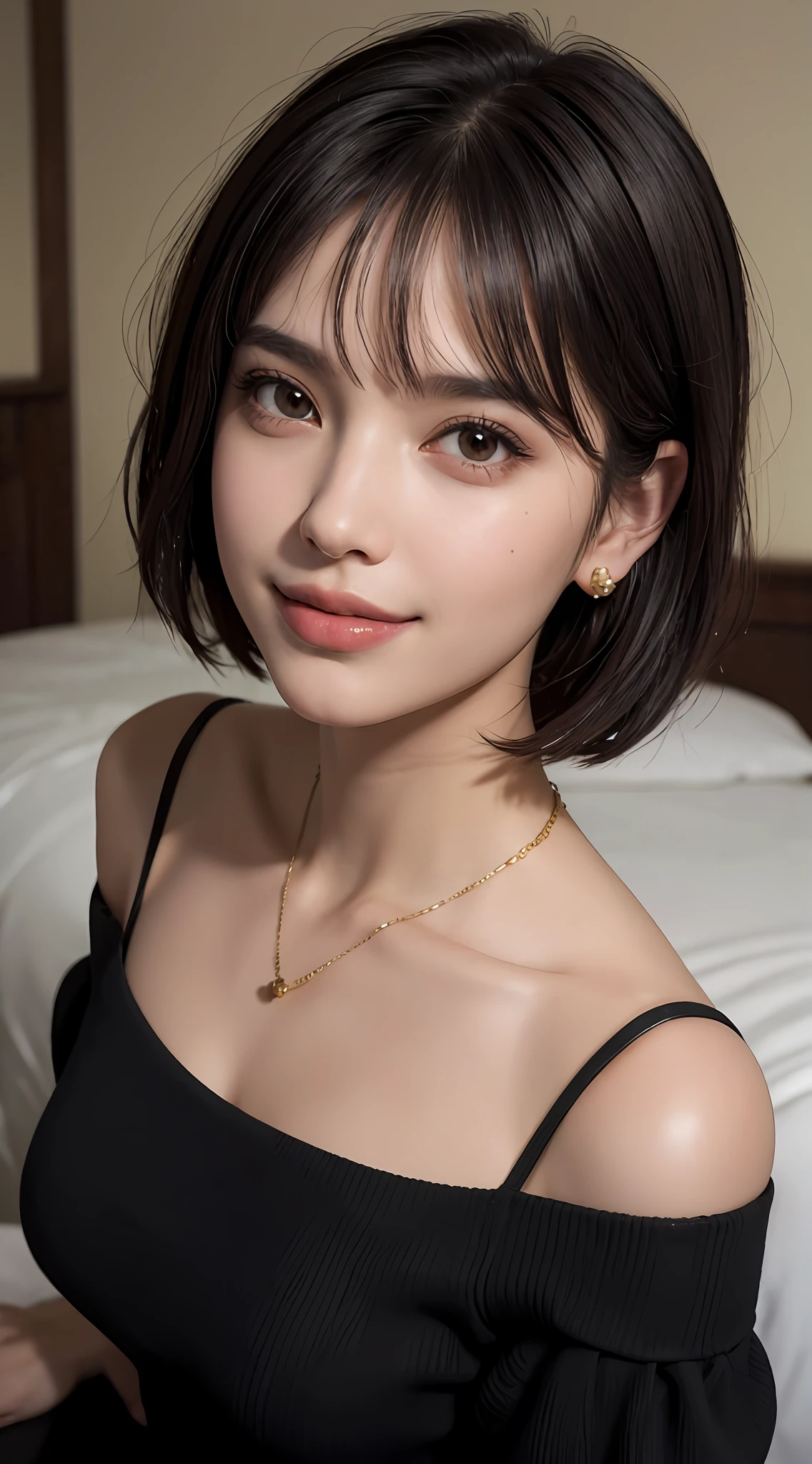 (top quality, 8k, masterpiece: 1.3), pretty woman with perfect figure: 1.4, dark brown hair, big, wearing pendants, torn shorts, sleeping in bedroom, very detailed face and skin, detailed eyes, double eyelids, top quality, masterpiece, (photorealistic: 1.4), one woman, golden ratio, high angle shot, upper eye care, low angle shot, perfect face, beautiful figure, cute face, face close-up, zoom in on face, short bob, short hair, smile from different angles, smile, gloss, highlight, gloss, glossy on skin, glossy on skin, wet skin, wet, bangs, cute smile, bust, off-shoulder, refreshing charm, elegant, perfect hands, smile from angle, smile, shiny, highlight, glossy skin, bangs, bust, big, Warm off-shoulder, refreshing charm, ears out, gaze to the camera, poses at different angles