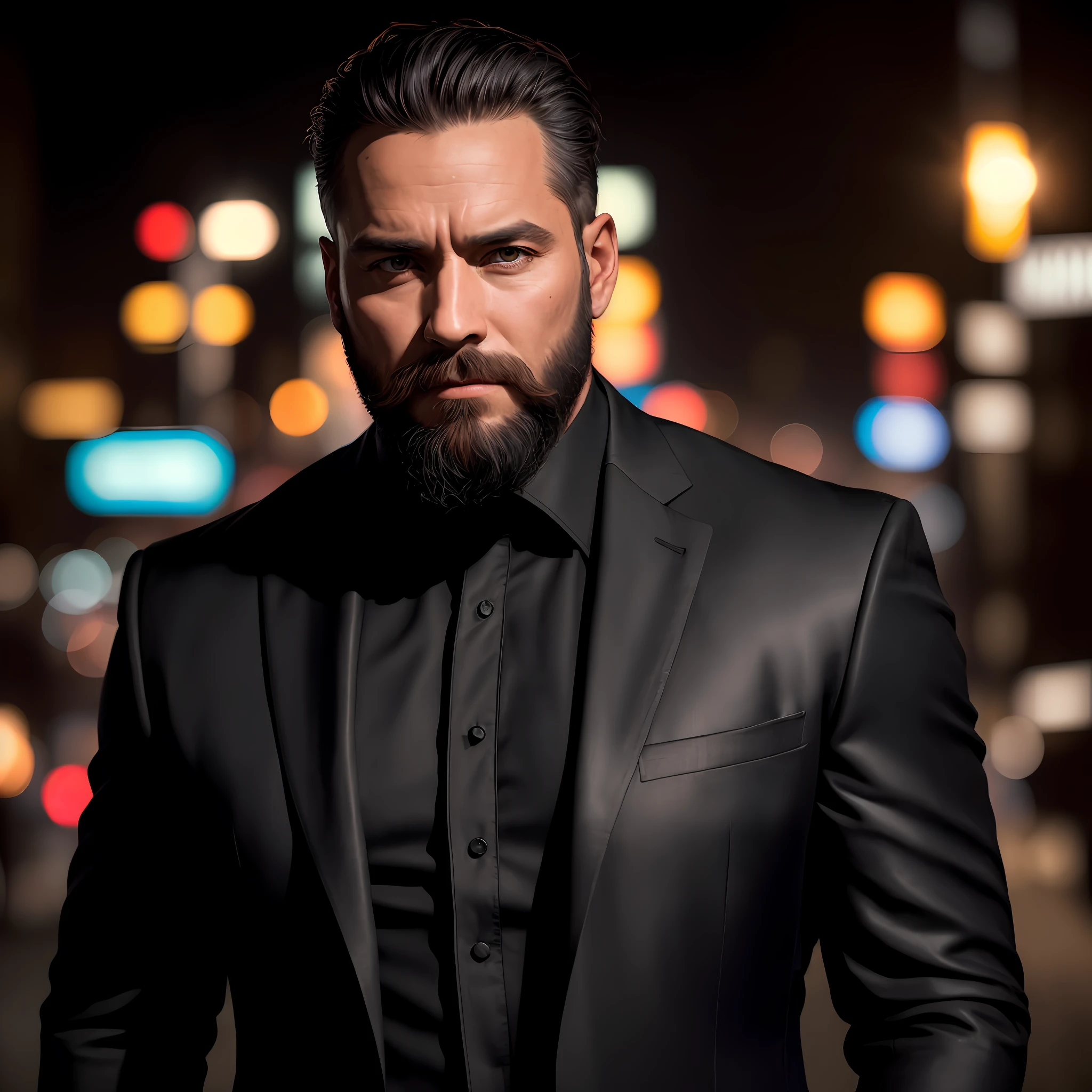Man with defined body and beard, ((wearing black suit)), Gotham City background at night, photorealistic, photo, masterpiece, realistic, realism, photorealism, high contrast, photorealistic digital art trend on Artstation 8k HD high definition realistic detailed, detailed, skin texture, hyper detailed, realistic skin texture, armor, best quality, ultra high resolution, (photorealistic: 1.4), high resolution, detailed,  Raw, sharp photo re, by Lee Jeffries Nikon D850 stock film photography 4 kodak portra 400 camera f1.6 lens rich colors hyper realistic texture dramatic lighting unrealengine trend in artstation cinestill 800,