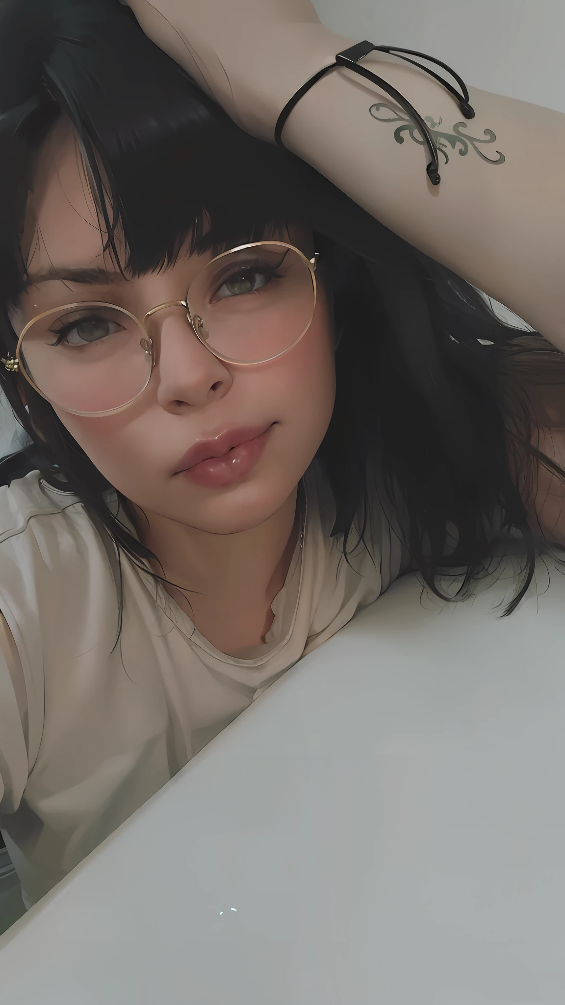 There's a woman with glasses and tattoo on her arm, with glasses, on my bed, thick glasses, cynthwave, no makeup, !! Wearing modern glasses!!, wearing thin large round glasses, pale fair skin!!, with glasses, taken on the iPhone 14 Pro, Anastasia Ovchinnikova, selfie of a young woman