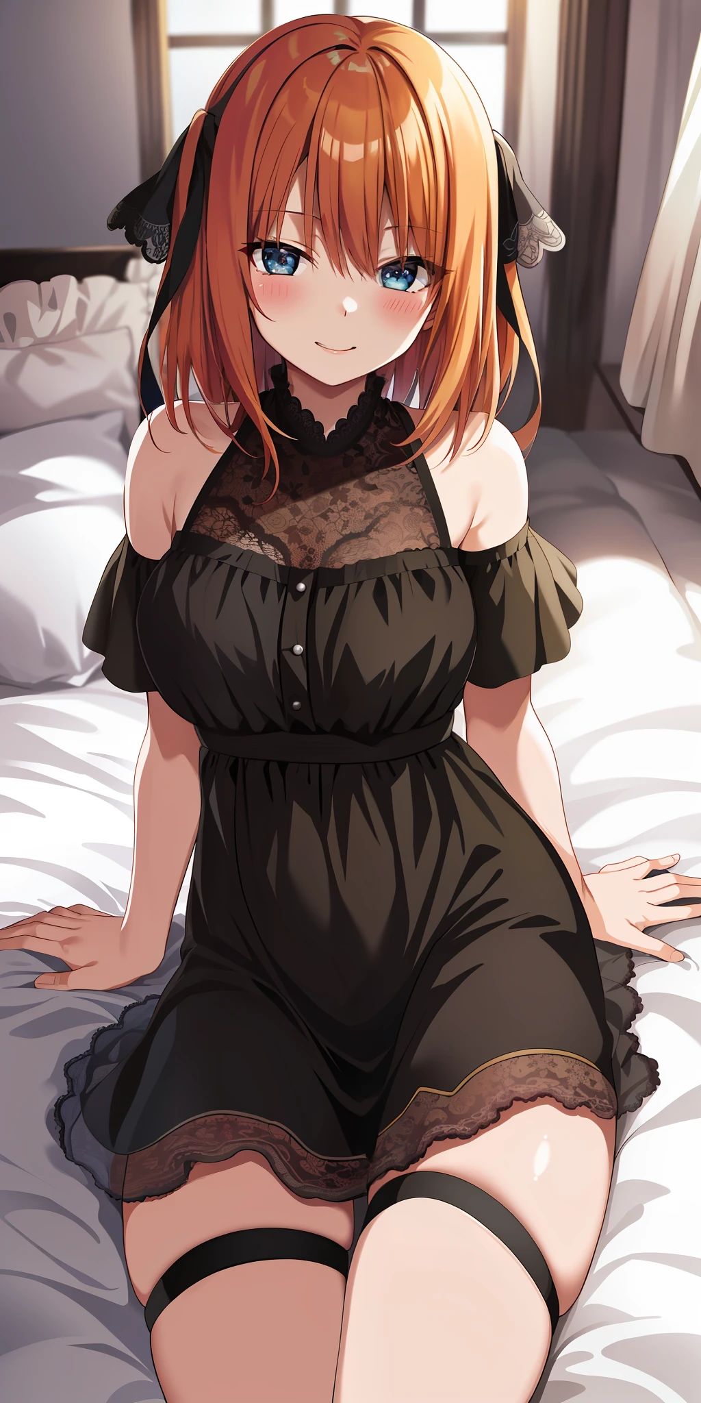 2d, masterpiece, best quality, anime, highly detailed, 1girl, solo, cowboy shot, nakano yotsuba, orange hair, night dress, medium breasts, sitting, bedroom, indoor, smile, sexy pose, bed, pillow, window, , lace lingerie, stocking, black dress, open mouth, shy, blush,