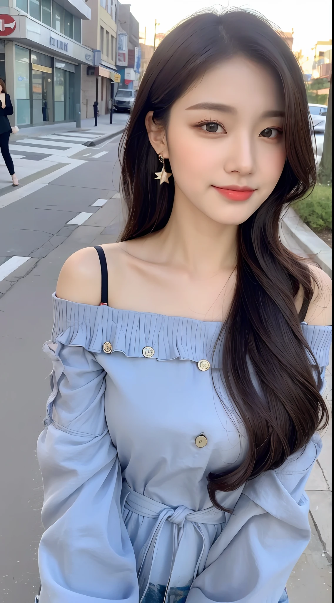 (1 Korean star with royal sister style), ((best quality, 8k, masterpiece: 1.3)), focus: 1.2, perfect body beauty: 1.4 , (smile), (Street: 1.3), highly detailed face and skin texture, fine eyes, double eyelids, whitening skin, (big wave hairstyle: 1.3), (round face: 1.5), (off-the-shoulder top: 1.4),