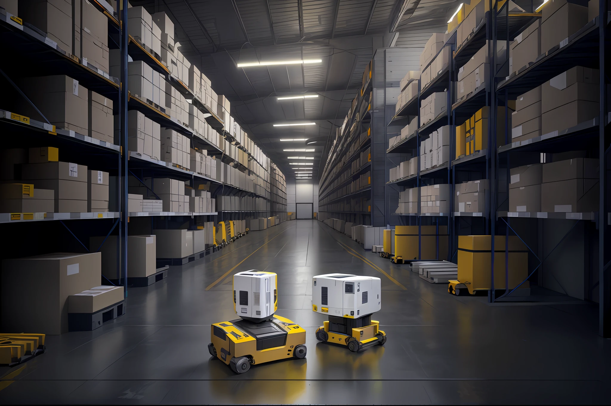 warehouse with yellow autonomous mobile robot in the middle of aisle, in warehouse, warehouse background, in warehouse, gray warehouse background, autonomous mobile robot in data center, warehouse, photo rendering, 3d render beep, open parcel warehouse, highly photographic rendering, high quality photos, [[empty warehouse]] background