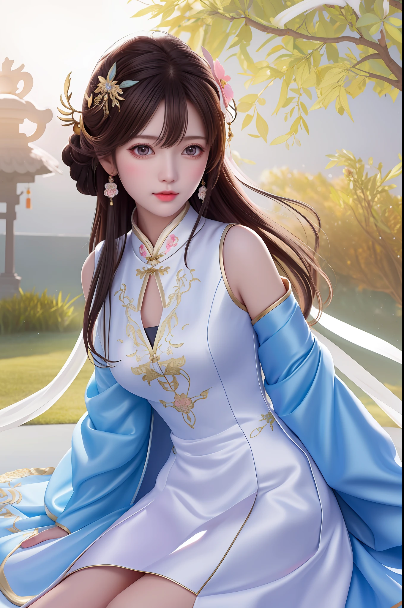 ((masterpiece)),
(((best quality))),
((ultra detailed)),
((illustration)), highres,
1 girl,
tyndall effect,photorealistic, rim lighting, two tone lighting,(high detailed skin:1.2), soft lighting, volumetric lighting, looking at viewer, Photograph,
beautiful detailed face,
black hair, hair ornament,
dark brown eyes,
necklace, jewelry,
lie down,
upon body,
blue dress,china dress,white dress, pink grass,cheongsam,silk dress,small boobs,no smile,anime
