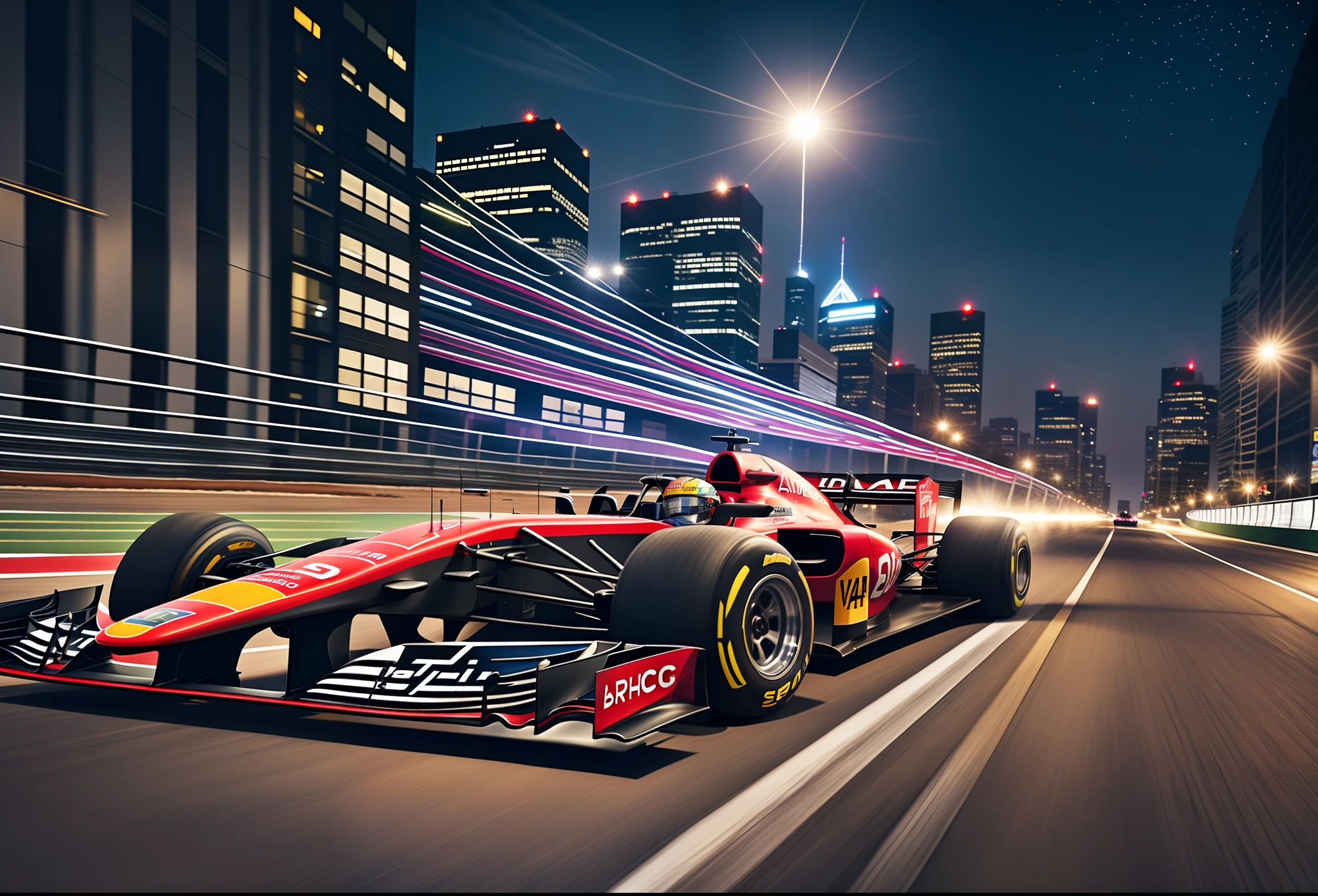 arafed race car driving on a city street at night, formula one car, best on adobe stock, f1 cars blurred in background, vfx powers at night in the city, motor sport photography, race track background, motorsports photography, on a street race track, shutterstock, f 1, formula 1, race car, racecar, high-quality photo --auto --s2
