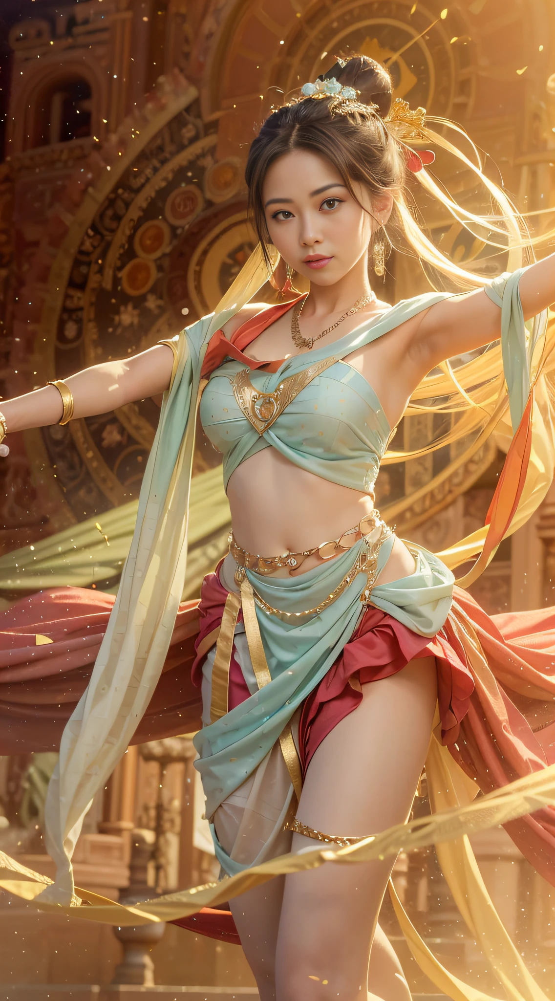 (8k, RAW photo, best quality, masterpiece:1.2), (realistic, photo-realistic:1.4), (extremely detailed CG unity 8k wallpaper), (2 girl:1.5), one girl standing behind another girl, (hugging each other, Looking at the lens: 1.4), Western Regions beauty, (white clothes, cyan clothes: 1.4), red spots on forehead, pale skin, blush, big eyes, thighs, open navel, gold waist chain, gold jewelry, flying ribbons, particles, background is Loulan ancient city, ancient city wall, desert, dance, dunhuang_dress, dunhuang_style,