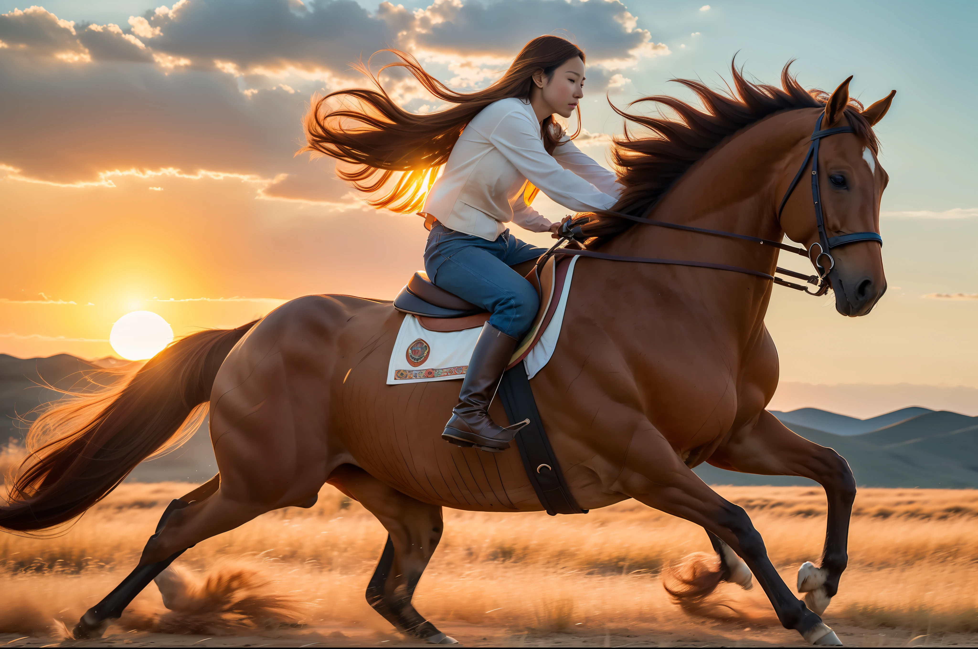 A brown-red horse galloped across the steppe in the setting sun, full limbs, long mane,