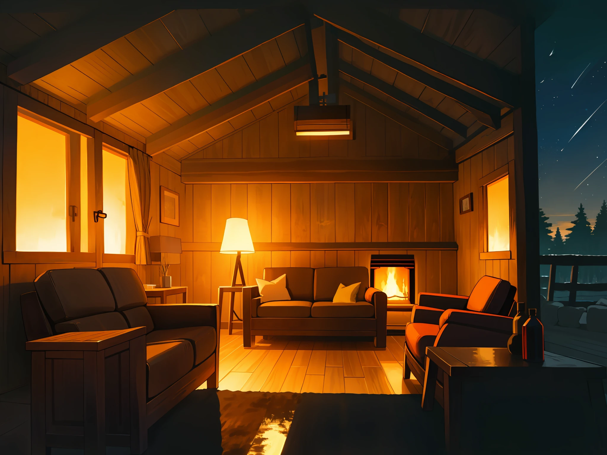 Rustic living room, add_detail, cabin, night, laleira