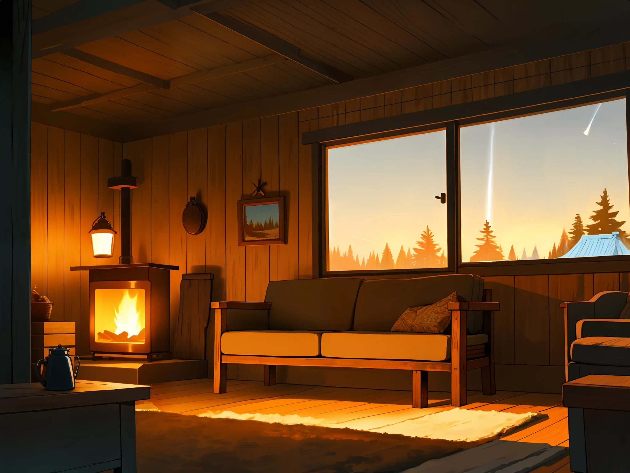 Rustic living room, add_detail, cabin, night, laleira