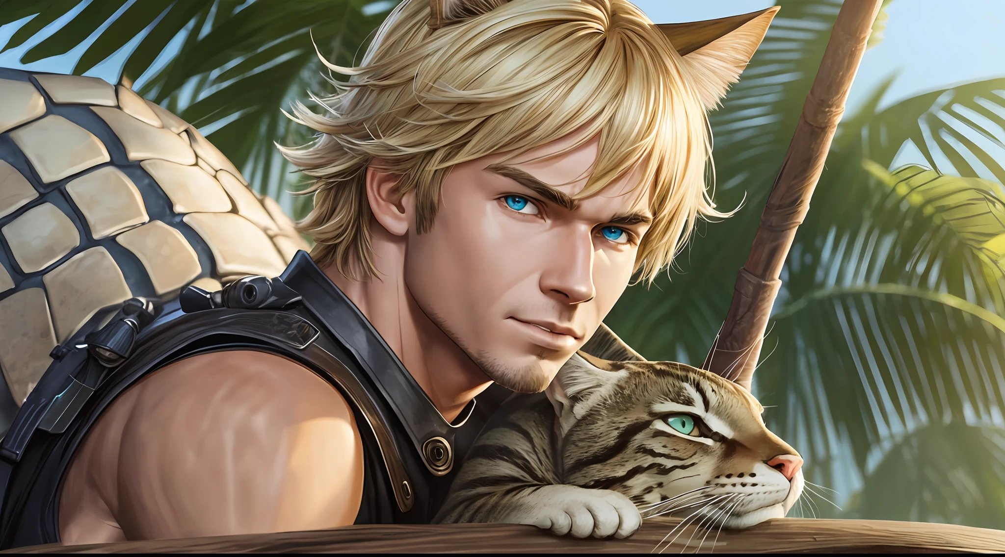 Steve irwin riding a dragon, australian, 1 boy, male focus, blonde hair, looking at viewer, perfect anatomy,perfect hands, midday summer, sunshine, cel shading, holding, holding a microphone speaking to a crowd, detailed face, detailed eyes,crazy eyes, cat ears, determined, halo, shiny hair, ray tracing, high detail, 16k, textured skin, super detail, UHD, retina, anatomically correct, award winning